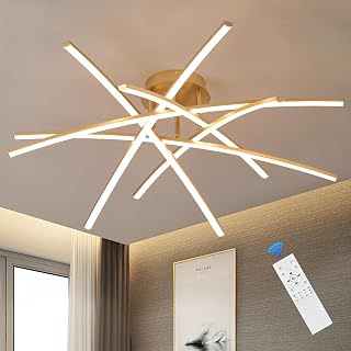Gold LED Chandelier Semi Flush Mount Ceiling Light, 65W Remote Control Ceiling Lighting Fixture for Living Room Dining Room Kitchen Bedroom 32.8” Close to Ceiling Light Dimmable 3000K-6000K