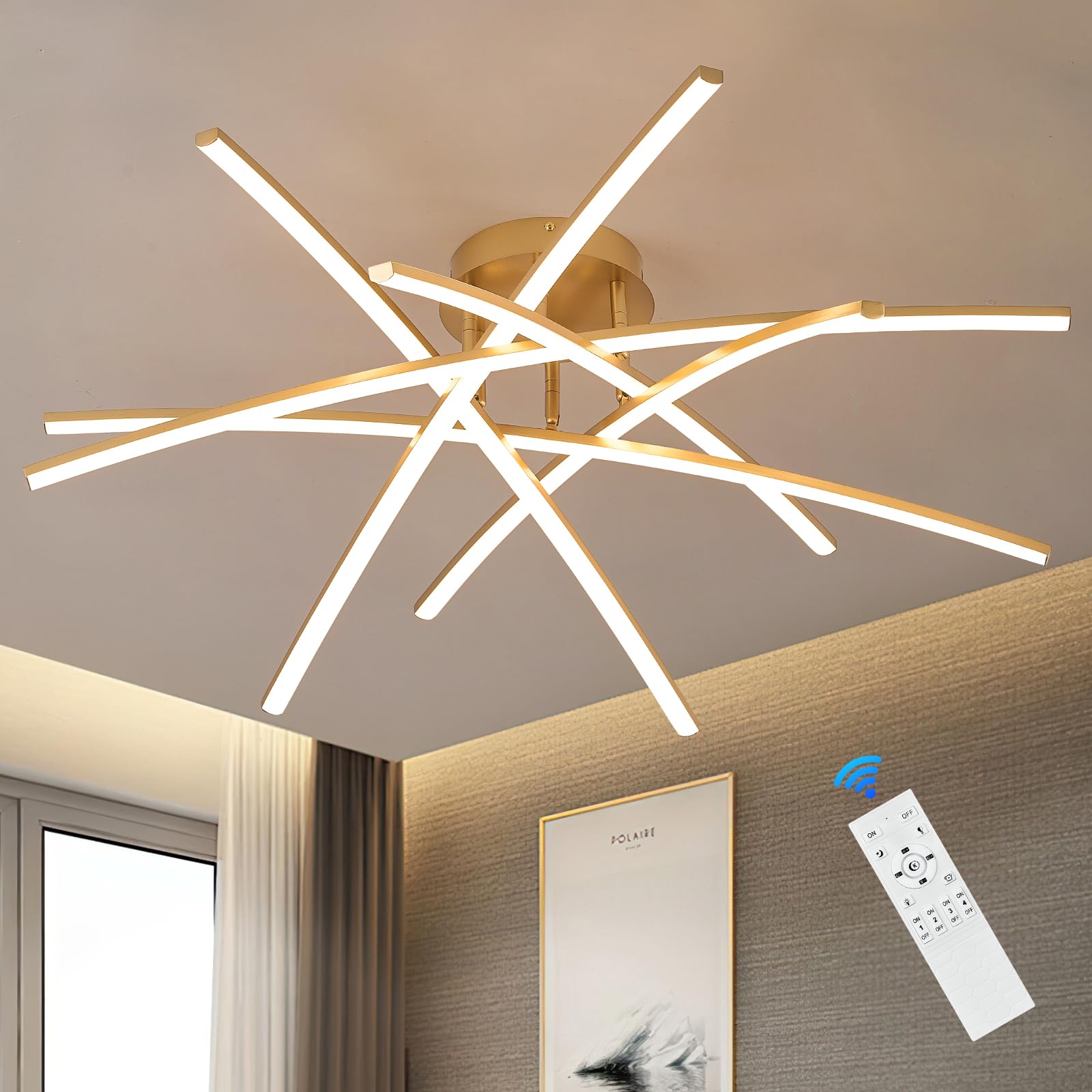 Photo 1 of AIRYPHANT Gold LED Chandelier Semi Flush Mount Ceiling Light, 65W Remote Control Ceiling Lighting Fixture for Living Room Dining Room Kitchen Bedroom 32.8” Close to Ceiling Light Dimmable 3000K-6000K