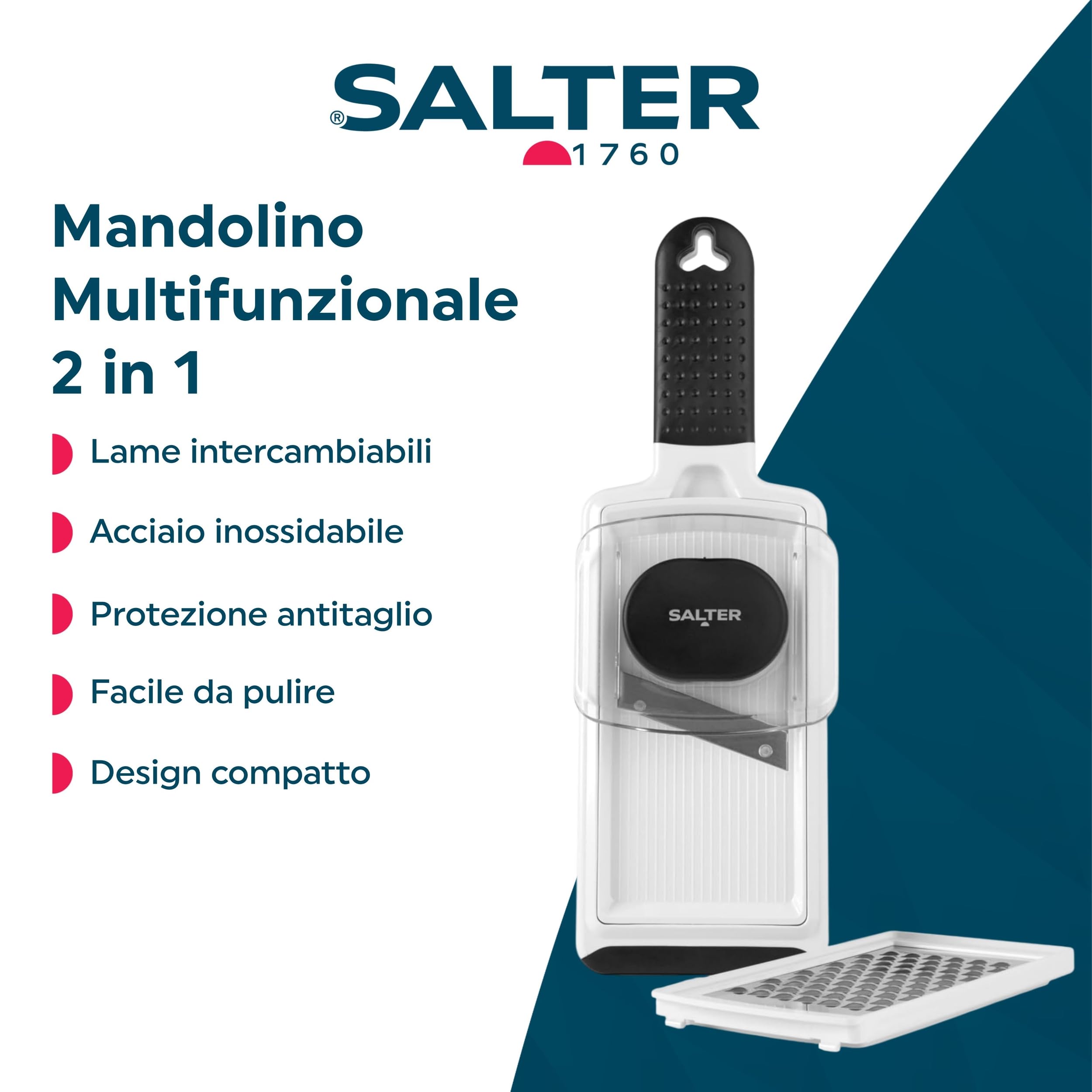 Salter BW12925EU7 Krajalnica 2 w 1 – wielofunkcyjny rozdrabniacz do warzyw, wymienne ostrza ze stali nierdzewnej, krajalnica do zywnosci z oslona palców, funkcje tarcia i krojenia, latwe czyszczenie