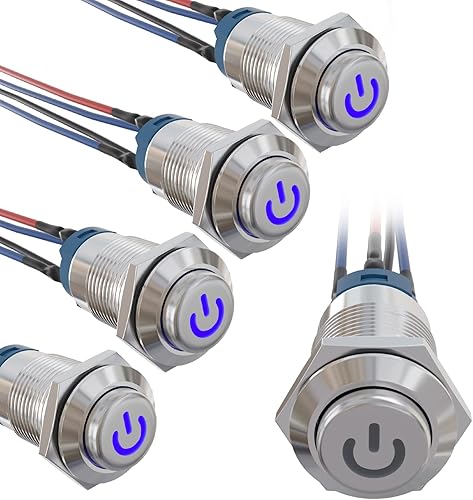 STARELO 5 interruptores de botón LED de 0.472 in con pestillo de 0.472 in, carcasa plateada redonda con precableado, logotipo de marca de potencia,