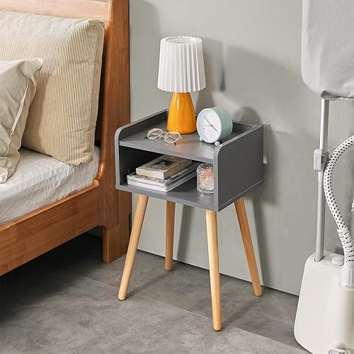 Miniatura 4 de IBUYKE Mesita de noche, mesa de noche moderna de mediados de siglo con patas de madera maciza, mesa auxiliar minimalista y práctica con estante de