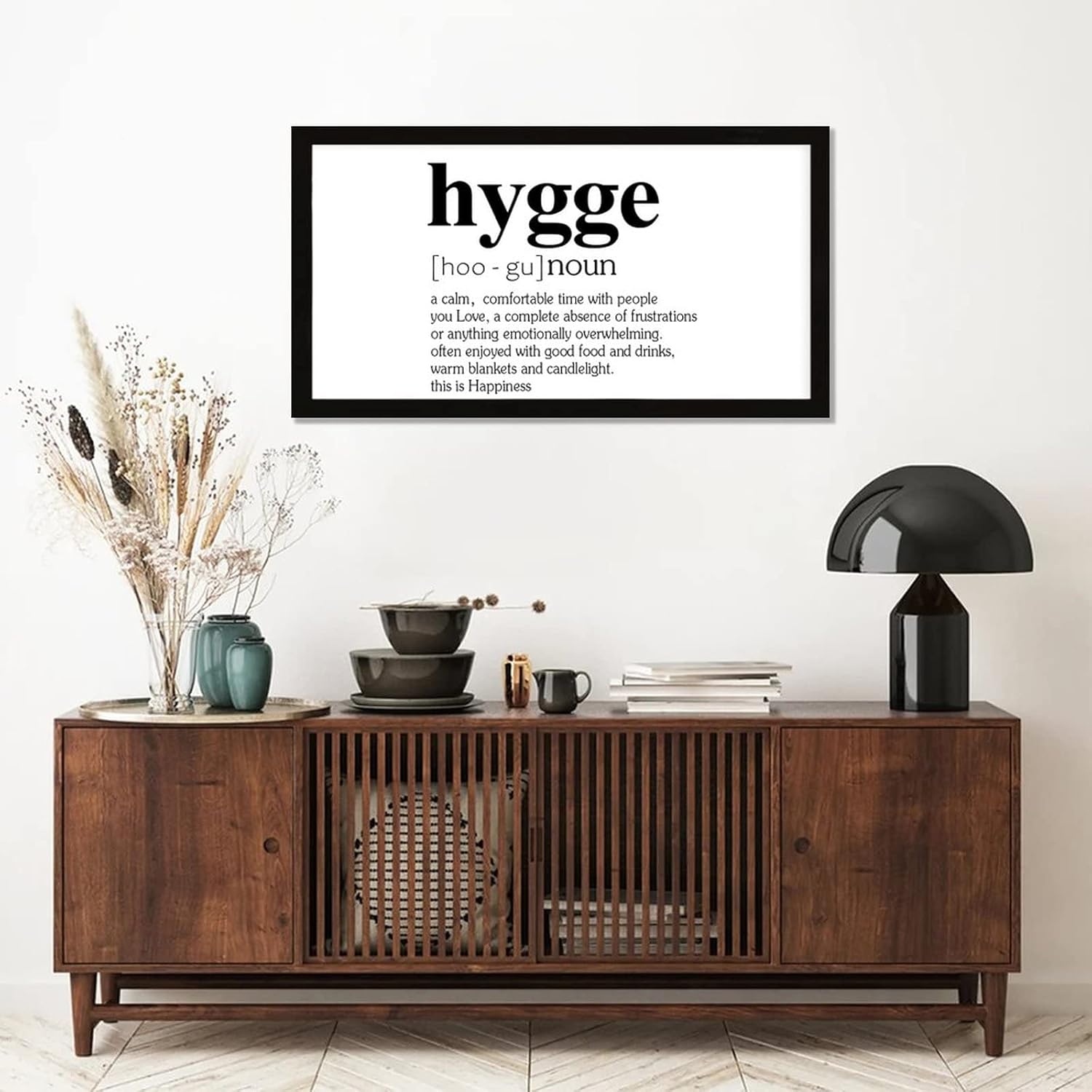Framed Wood Sign with the Funny Noun Definition of Hygge Chic Style 12x22in Black Frame Wooden Plaque for Cottage Desk Cafe Bar Garden Yard Farmhouse Porch Wall Decor Birthday Housewarming Gift