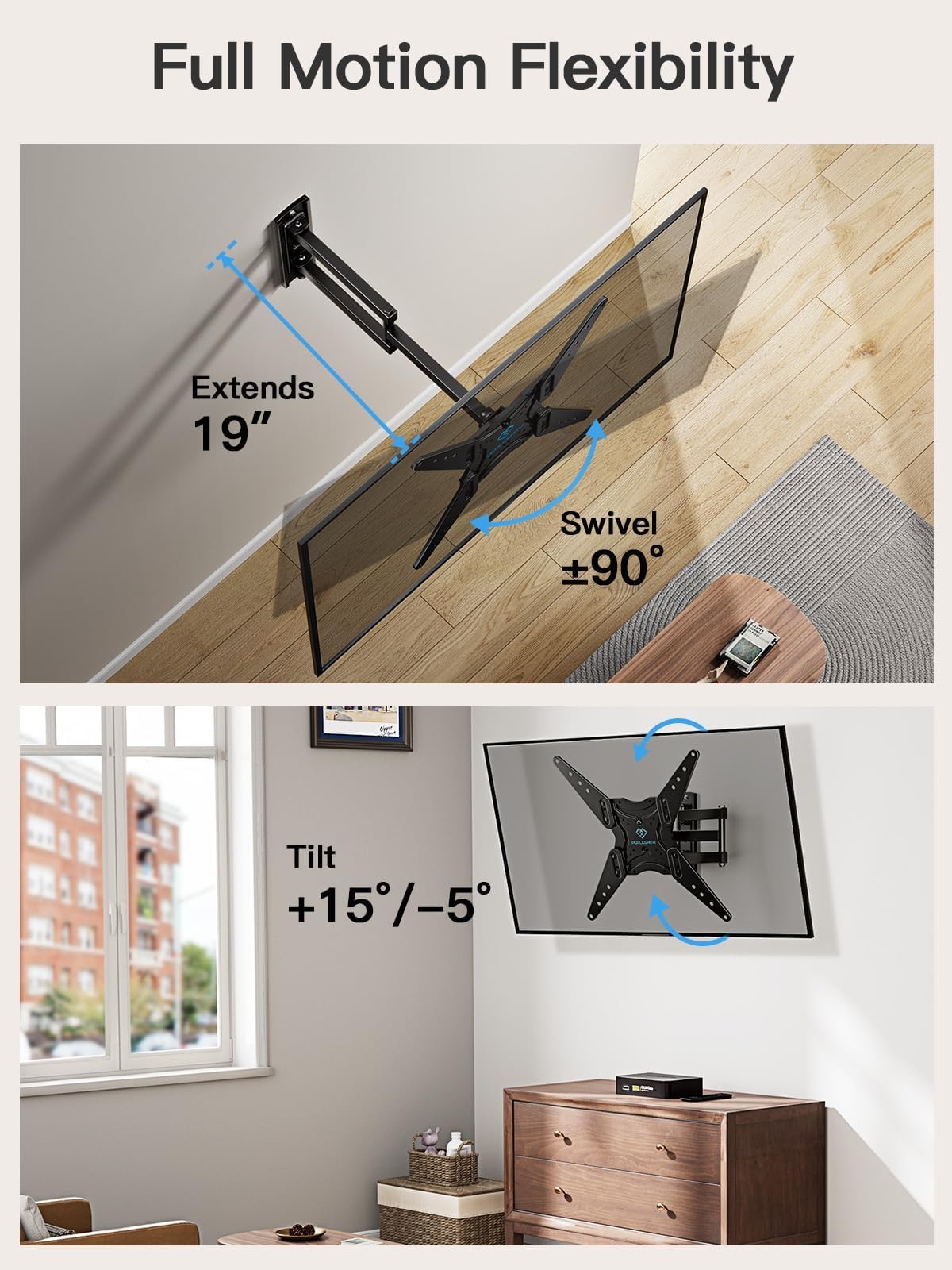 PERLESMITH Support Mural pour TV de 26 à 55" - Pivotant, inclinable et Extensible - VESA 400 x 400 - Compatible avec Les téléviseurs LED, LCD, OLED, 4K jusqu'à 40 kg - Noir