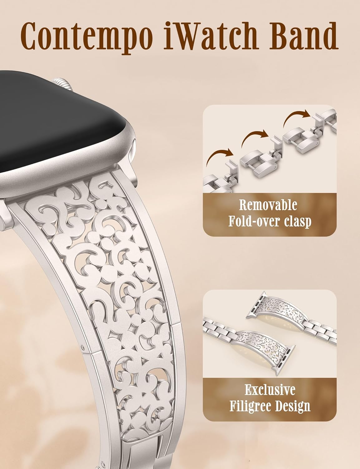 Wearlizer Compatible with Apple Watch Bands for Women 41/40/38/44/45/46/49/42mm, Jewelry Dressy Stainless Steel Metal Scrollwork Chain Bracelet for iWatch Band Series 11 10 9 8 7 6 5 4 SE/Ultra 3