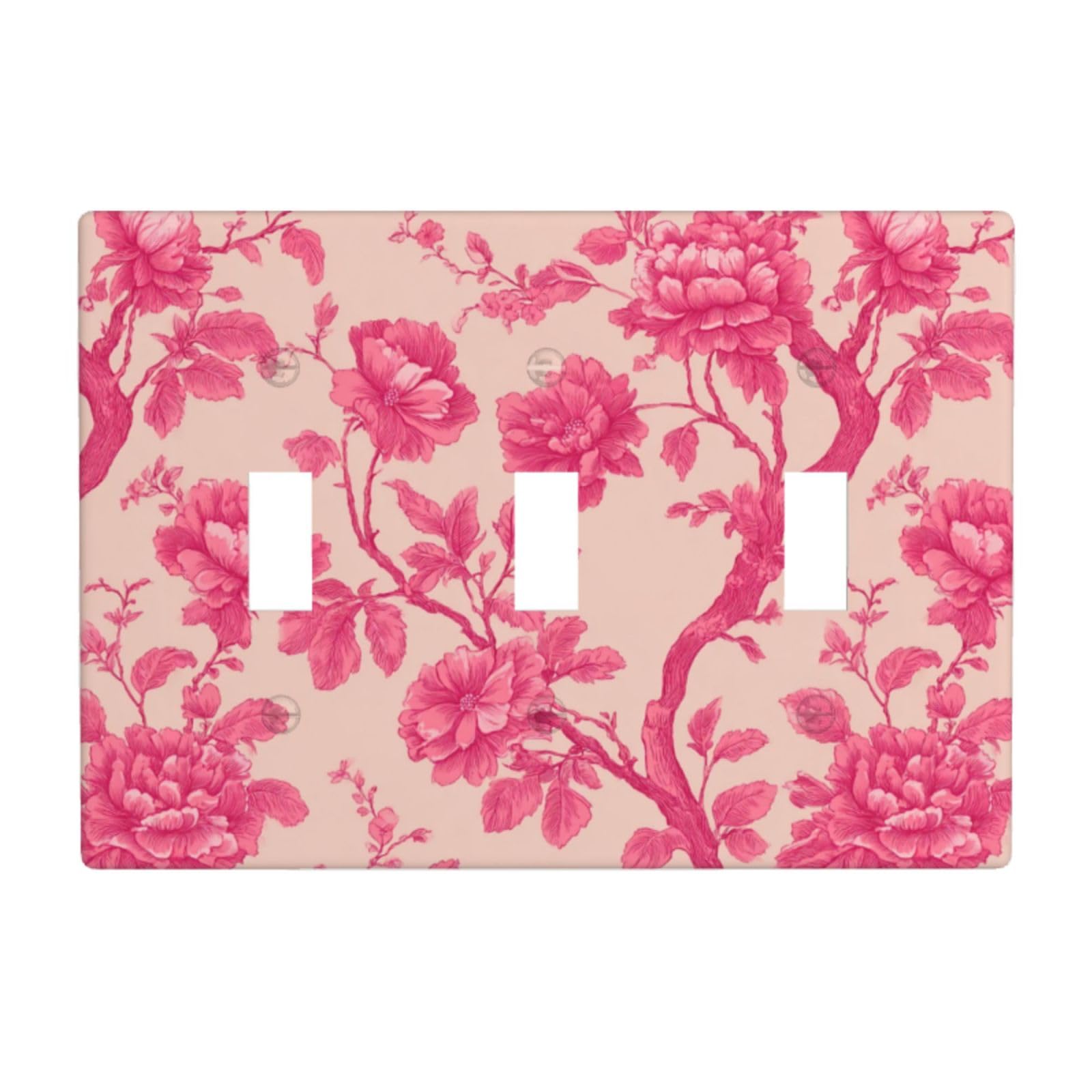 Pink Toile Pattern Flowers Light Switch Covers 3 Gang Triple Toggle Wall Plate Switchplate Electrical Faceplate for Bathroom Kitchen Bedroom Decor