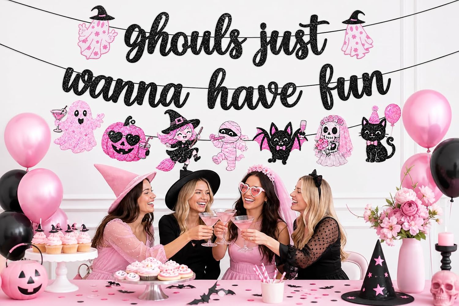 3Pcs Ghouls Just Wanna Have Fun Banner, Halloween Girls Night Decorations Pink Spooky Witch Pumpkin Ghost Bats Themed Hanging Banner for Bachelorette Bridal Shower Birthday Party Supplies image 3
