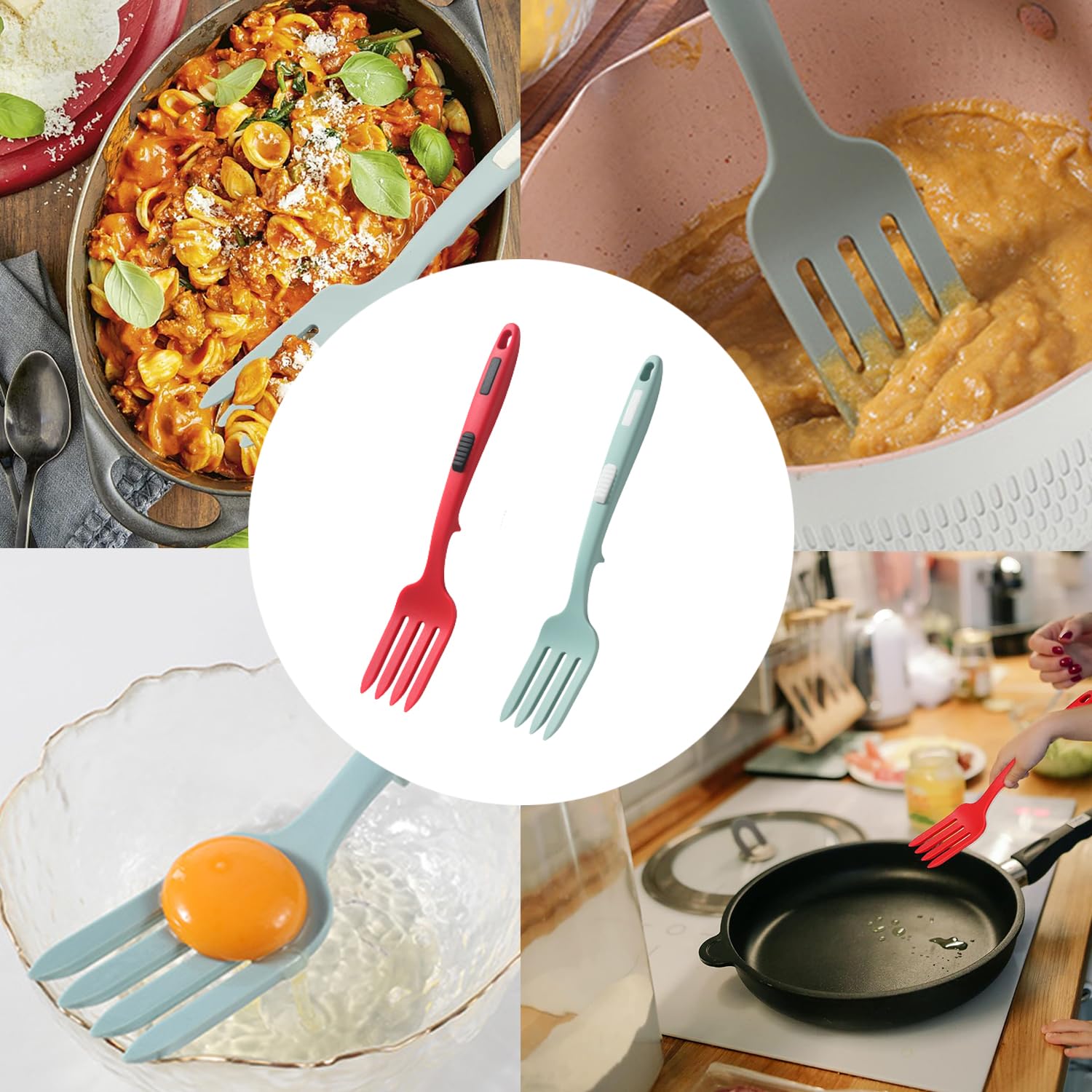 Forchetta Flessibile In Silicone, 2 Pezzi Forchettone Da Cucina, Forchettone Silicone Cucina, Forchetta Per Frullare, Resistente Al Calore, Antiaderente, Per Frullare e Mescolare (Rosso, Blu)
