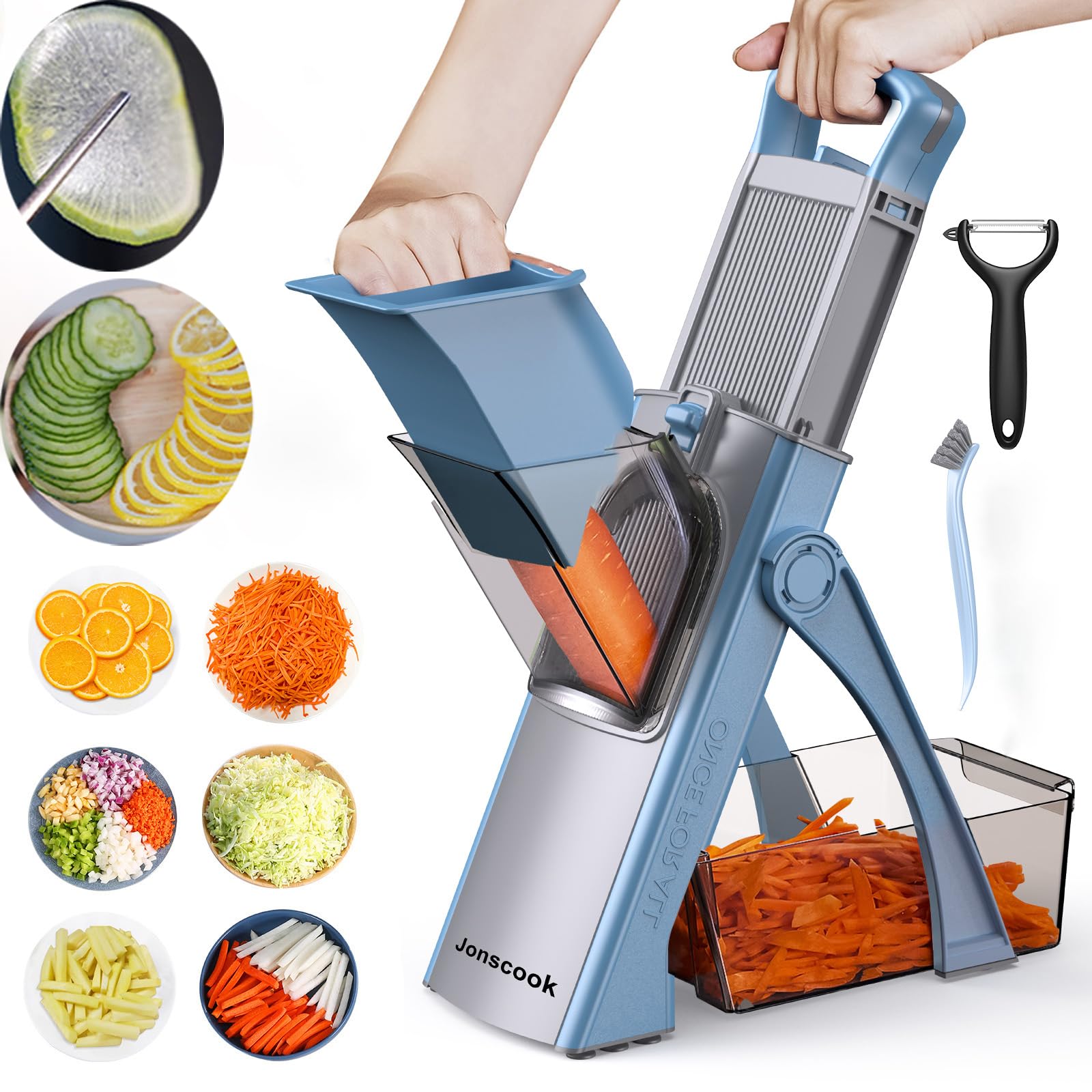 Safe Veggie Chopper Gemüseschneider, Pommes Frittierschneider, Zwiebelhacker, Gemüsehobel, multifunktional,0,1 – 8 mm Mandoline Schneider Tomaten Potato Frites-Schneider (Alles in 1 Blau)