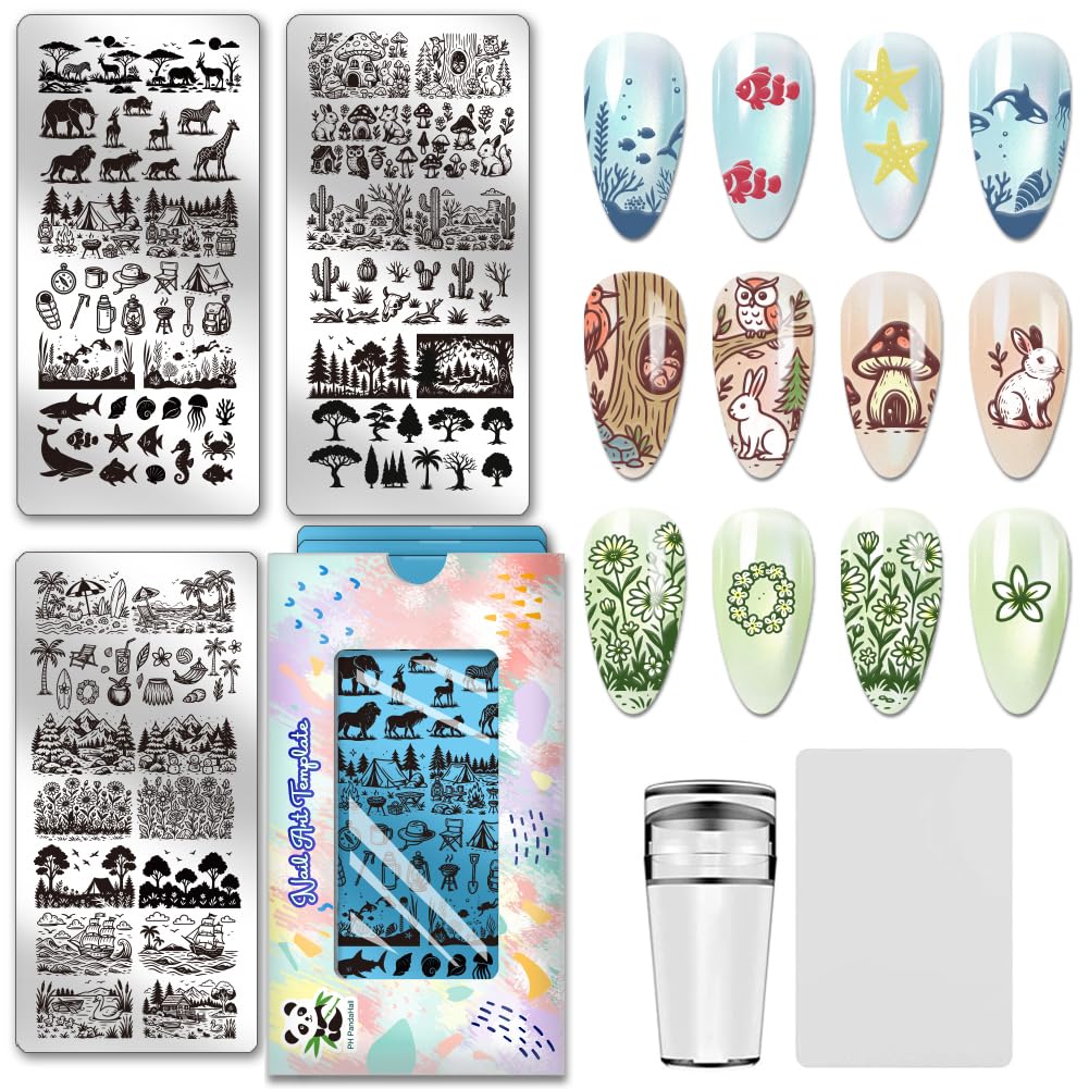 PH PandaHall 3 pezzi di piastre per timbri per unghie con motivi di animali e piante, modelli per nail art con scena di prateria, bellissimi motivi in acciaio inossidabile per stencil artistici per