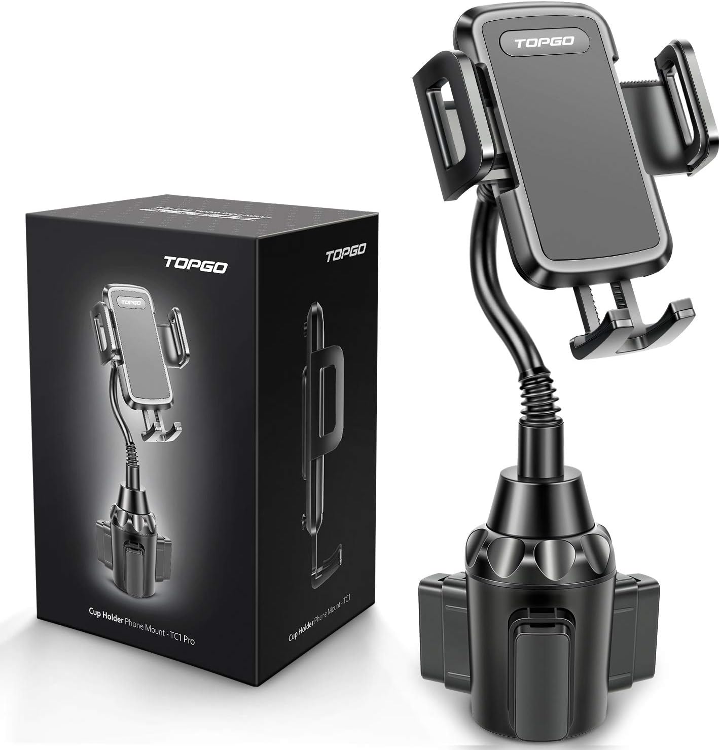 TOPGOCar Cup Phone Mount Pro Ver. [Adjustable Gooseneck & No Block Gearshift] Cup Phone Holder for Car Compatible with iPhone 16 Pro Max Samsung Galaxy S24 Ultra - Black
