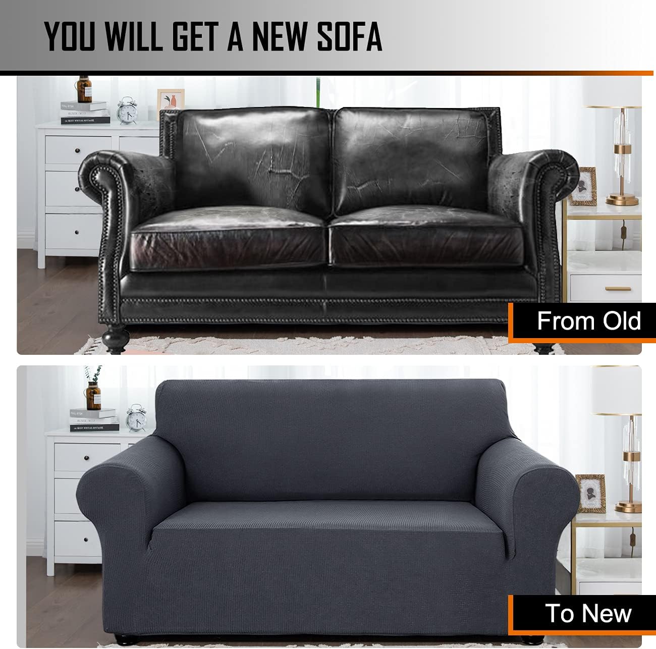 AZAMIA Stretch Sofa Cover 1 -Piece Super Soft Sofa Slipcover for 2 Seater Sofa Non-Slip Water Repellent Loveseat Couch Cover with Elastic Bottom for Kids Pets, Dark Gray