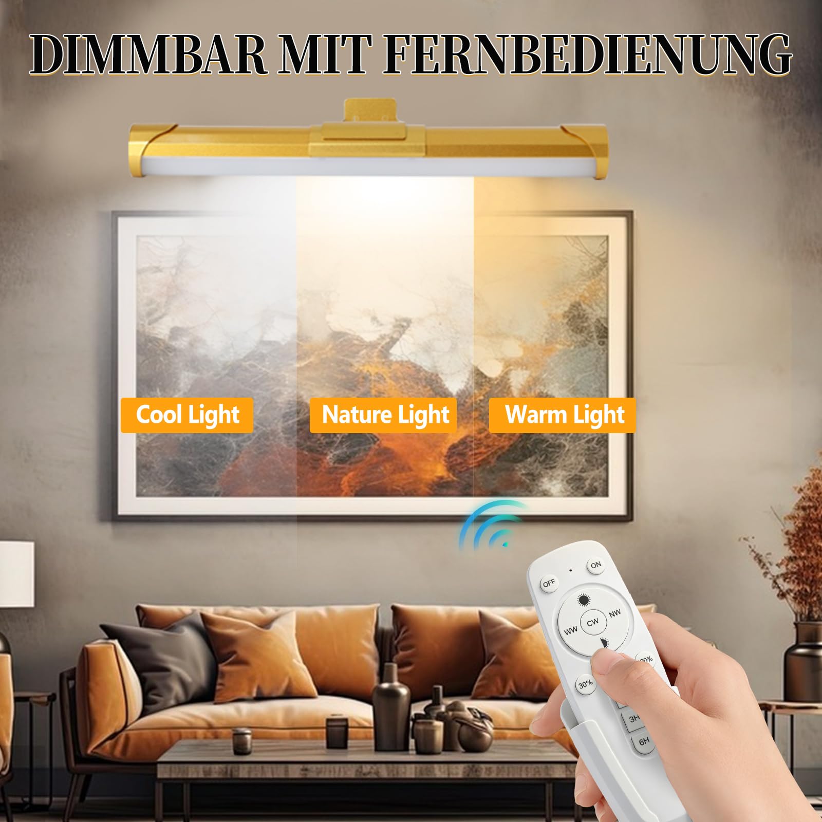 Kabellose Bilderleuchte, 2er-Pack magnetische LED-Kunstdisplayleuchte mit Timerfunktion, Fernbedienung und Touch-Steuerung, stufenlos dimmbares Licht für Wandbilder, Badezimmerspiegel (Gold)