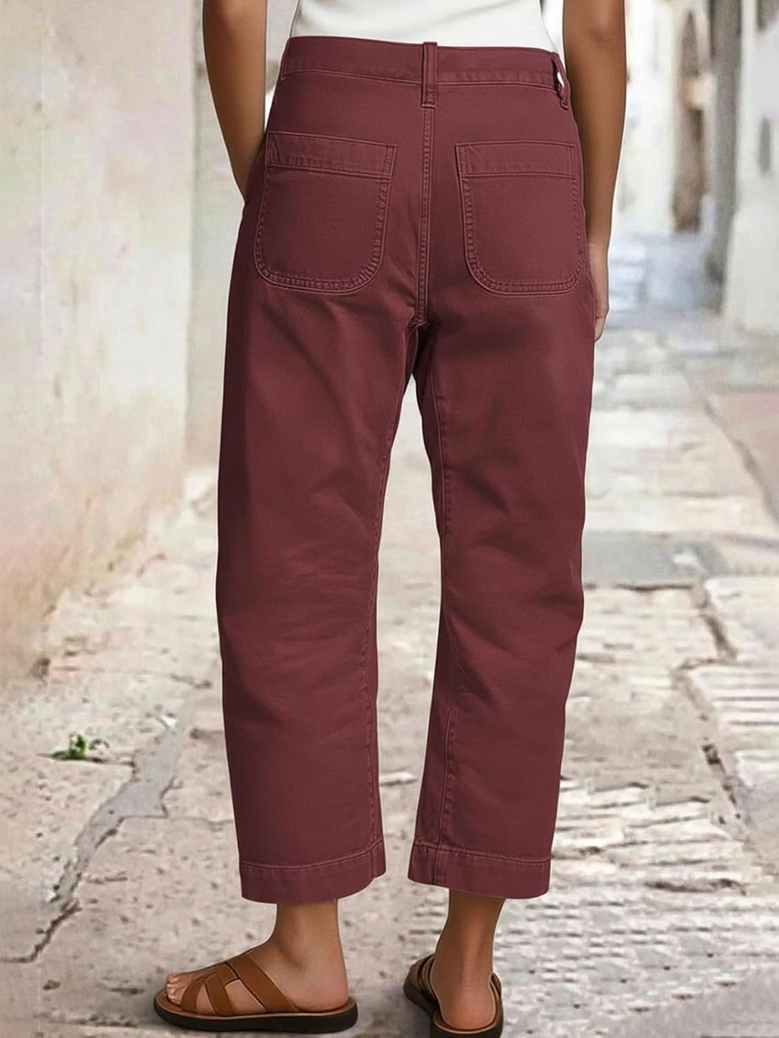 Flamingals Straight Leg Low Rise Barrel Pants Casual Stretchy Vintage Carrot Chino Pants for Women Trendy Without Belts - Image 3