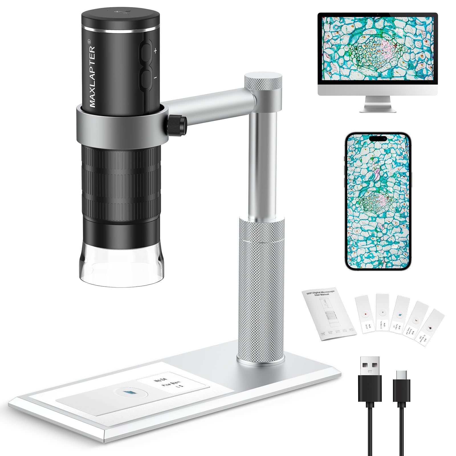 MAXLAPTER Microscopio Digitale WiFi 50X-1000X per Adulti e Bambini, Portatile Microscopio USB con Supporto Metallo, Compatibile con iPhone iPad Android Windows Mac