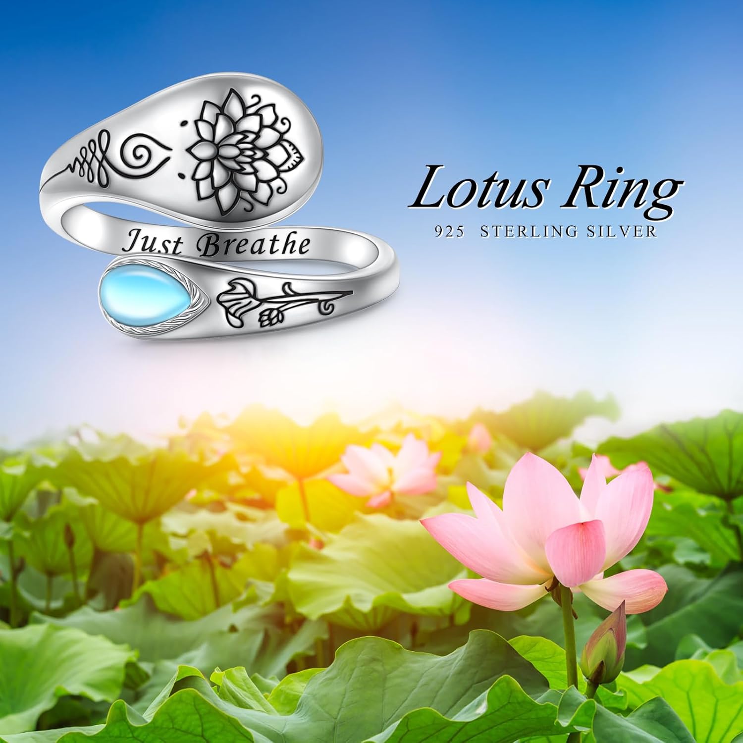 Yearace Just Breathe Lotus Ring for Women 925 Sterling Silver Adjustable Lotus Flower Open Ring Inspirational Yoga Jewelry Gift for Women Men - Image 6