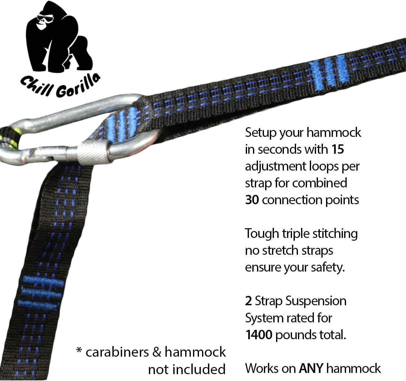 CHILL Gorilla XL Hammock Tree Hanging Straps. Combined 20 ft Long, 30 Loops. Supports 1400 lbs. Fits All hammocks. Lightweight no Stretch Suspension System. Backpacking Camping ENO Accessory