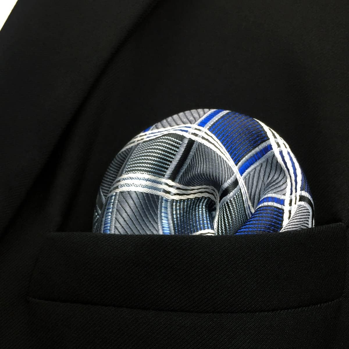 S&W SHLAX&WING Mens Checked Pocket Square Blue and Silver | 12.6" Large Size