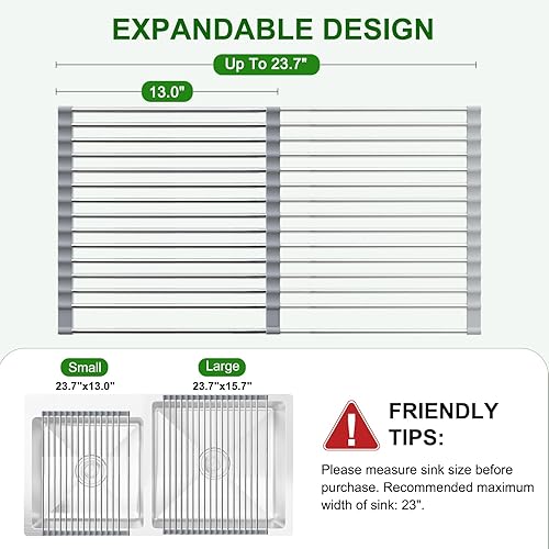 Miniatura 4 de Sindax Escurridor de platos enrollable 23 x 13 pulgadas elástico de acero inoxidable sobre el fregadero estante multifuncional plegable sobre el