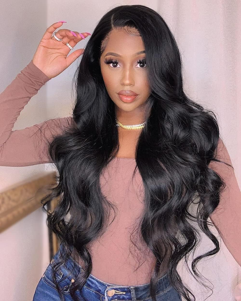 AISI HAIR Long Wavy Black Wigs for Women Body Wave Wig Synthetic Side Part Wigs Natural Looking Heat Resistant Full Wig for Daily Use(28Inches)
