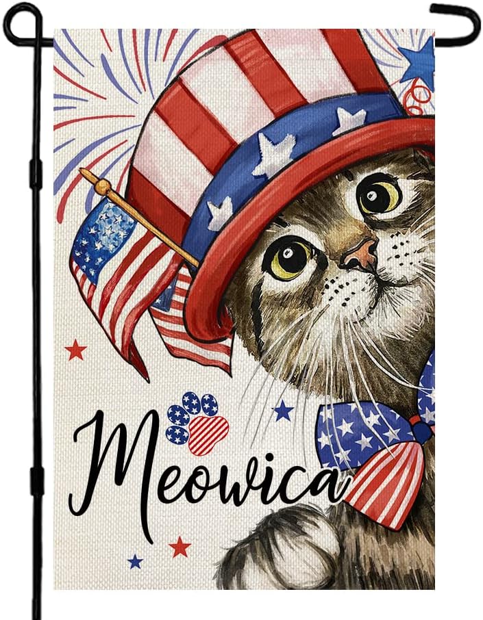 CROWNED BEAUTY 4th of July Patrioctic Cat Garden Flag 12x18 Inch Double Sided for Outside Memorial Day Welcome Blue Red Independence Day Yard Flag