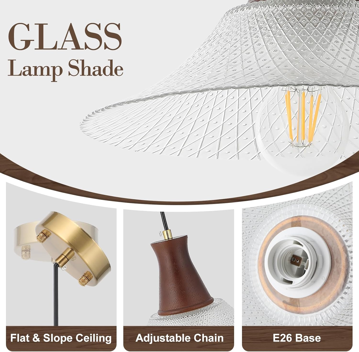 Vintage Kitchen Island Pendant Light Fixtures Clear Wood and Glass Pendant Light Fixtures, Modern Farmhouse Hanging Pendant Lights, E26 Base (Crystal+Wood, 1 Pcs)