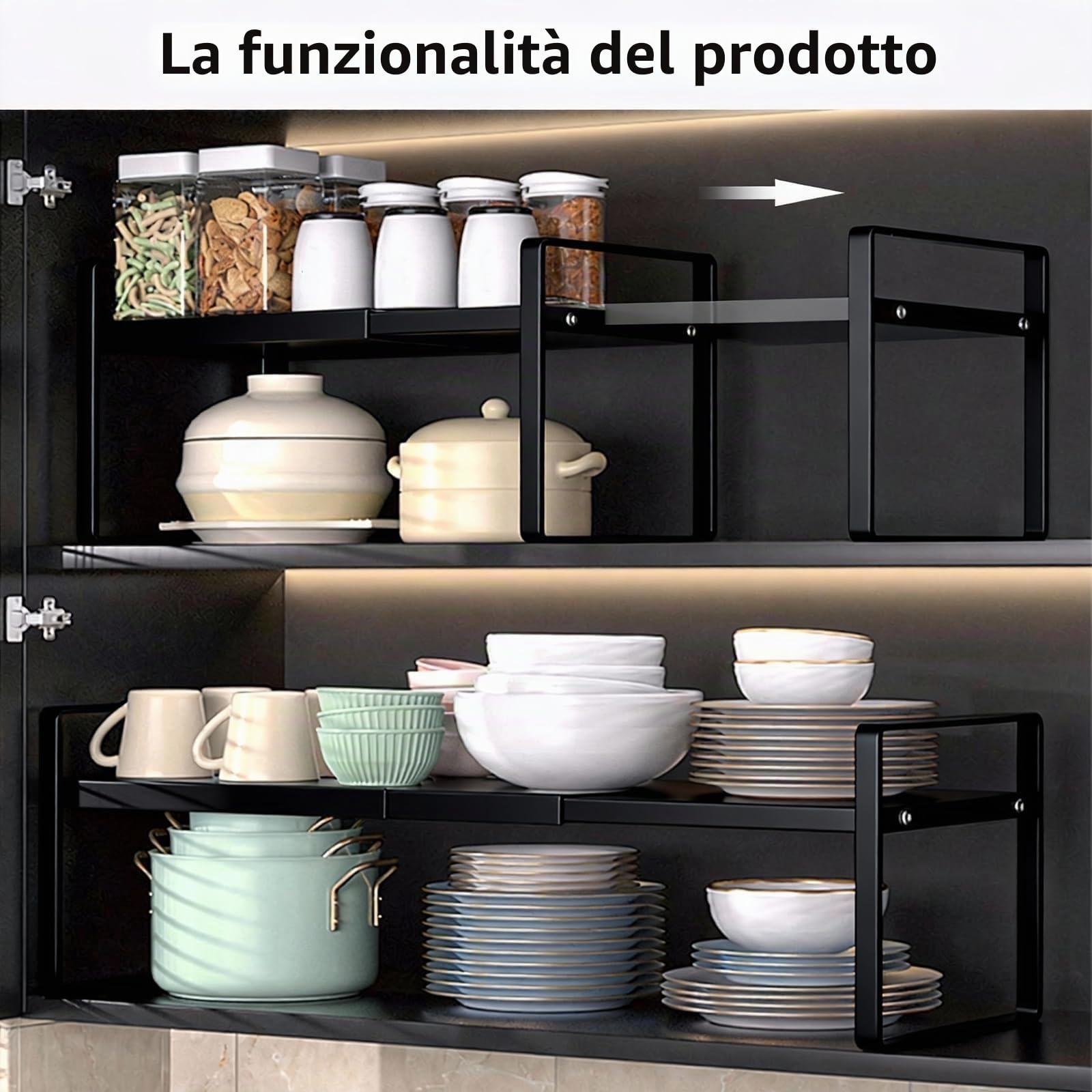 PORFOYO Mensola espandibile per armadio da cucina, organizer da 35 – 65 cm, regolabile, per scaffali, portaspezie, impilabile, per la casa, la cucina, (lunghezza x larghezza x altezza): 35 – 65 cm