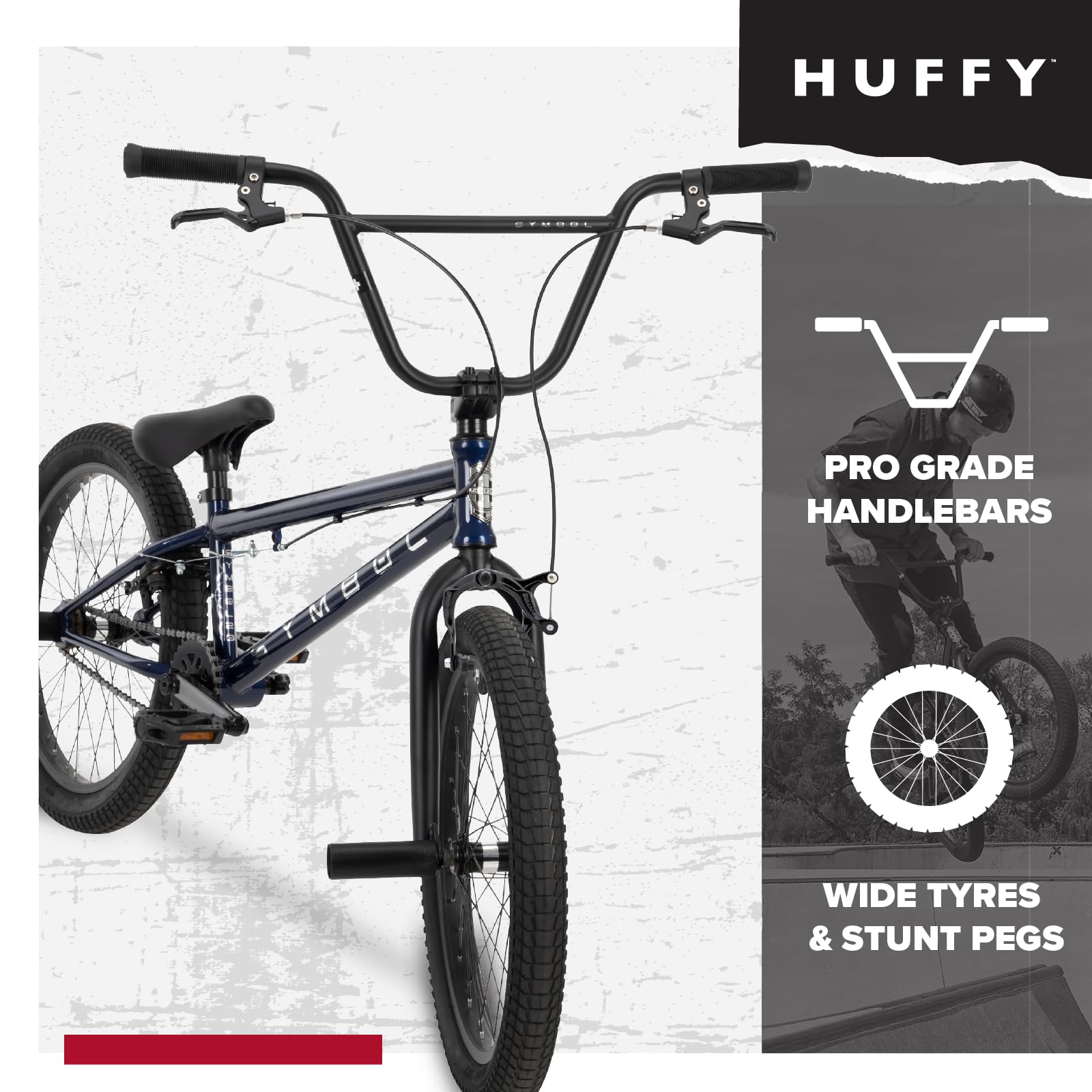 Symbol Freestyle BMX, telaio in acciaio, freno anteriore rimovibile, cerchi in lega, picchetti inclusi rosso, blu, argento