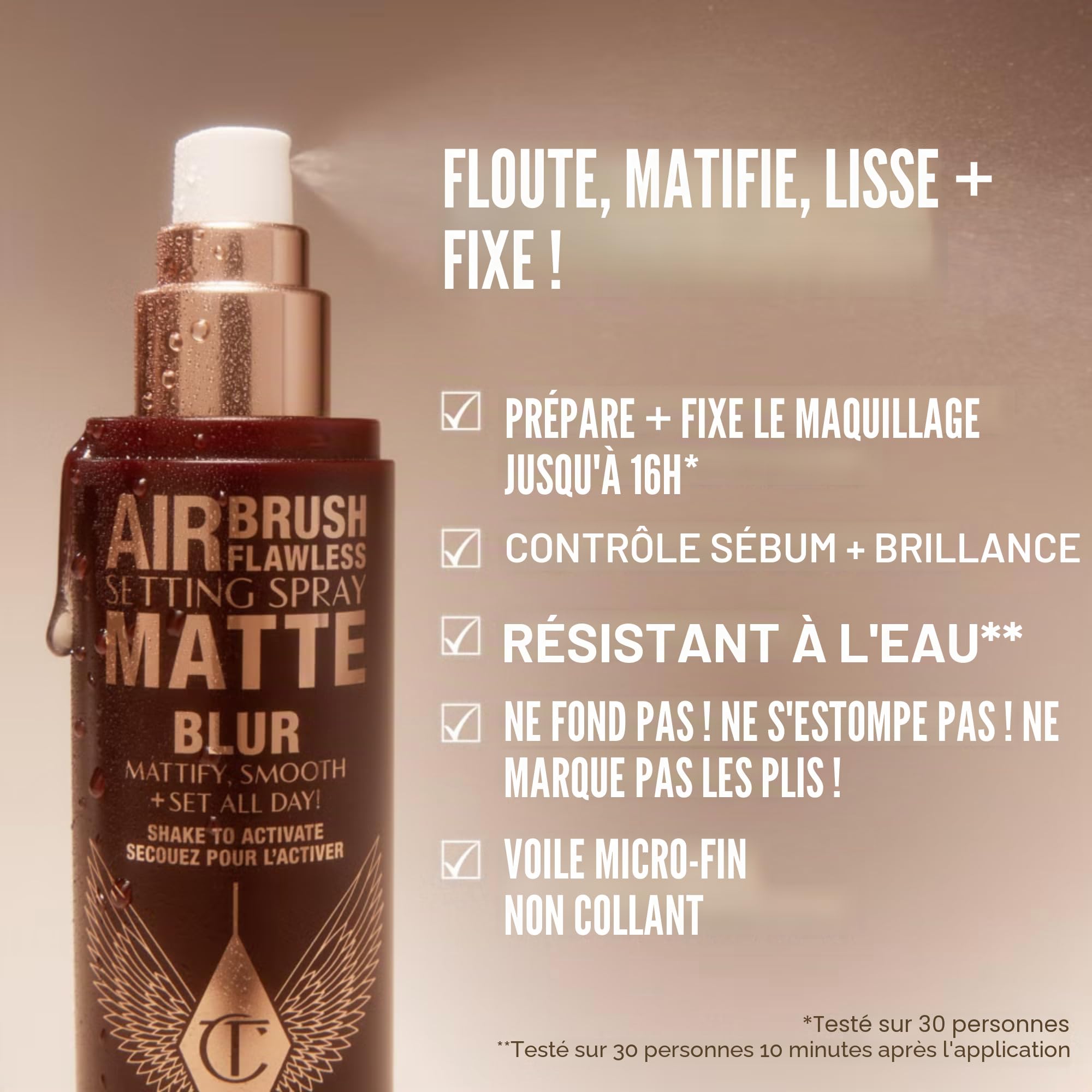 Charlotte Tilbury Aérographe Flawless Setting Spray mat, effet blur, spray de fixation matifiant, taille voyage