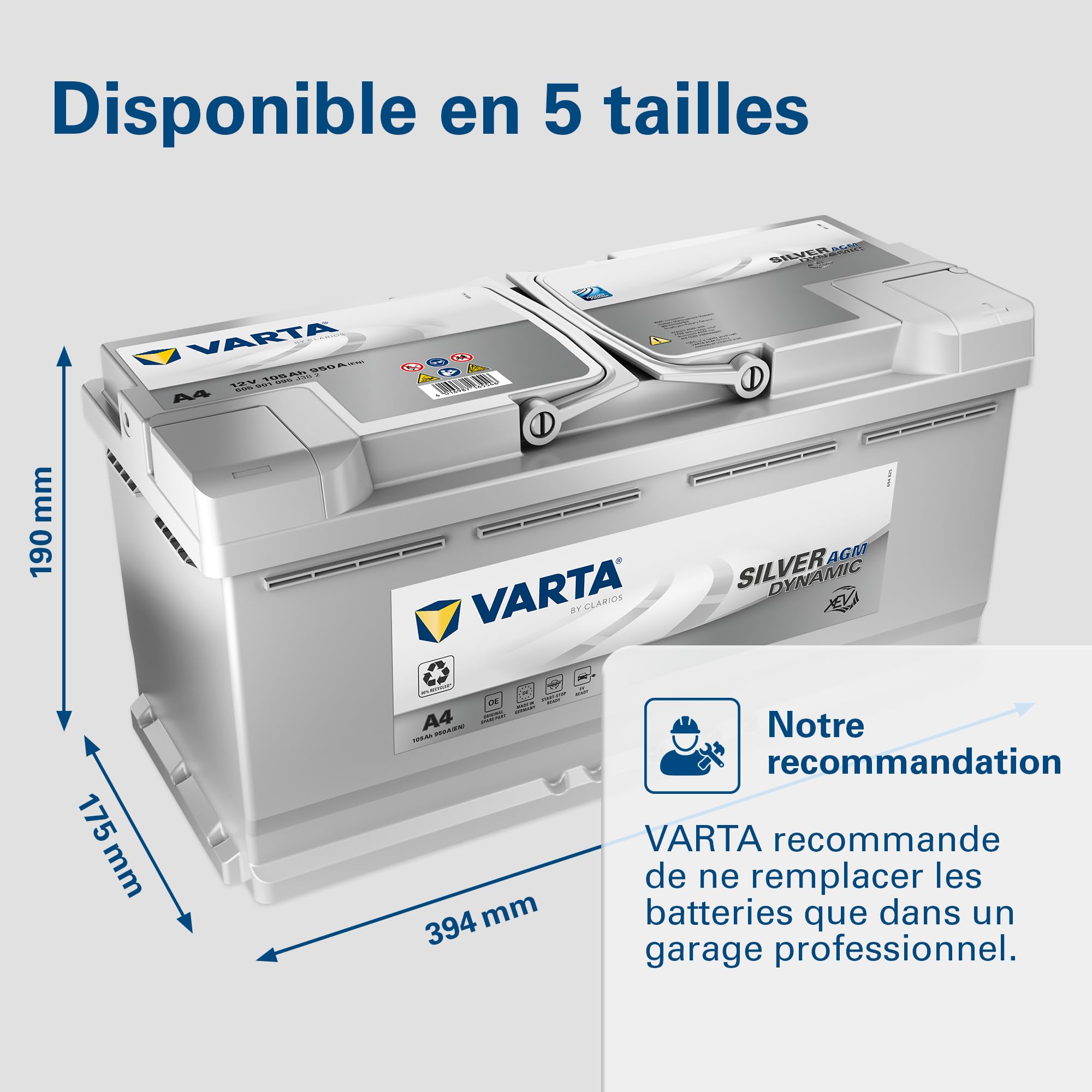 Batterie de démarrage XEV Varta Silver Dynamic AGM L6 A4 12V 105Ah / 950A 605901095 | 950A 605901095