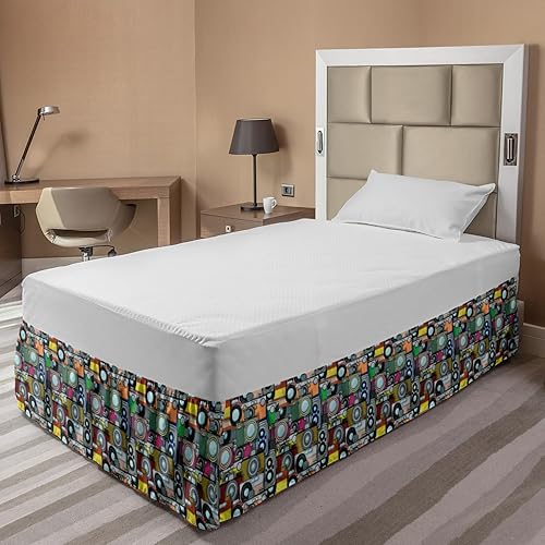 Miniatura 2 de Lunarable Falda de cama retro, patrón de cámara retro grunge, ilustración de estilo de caricatura, diseño de tecnología vintage, falda de cama