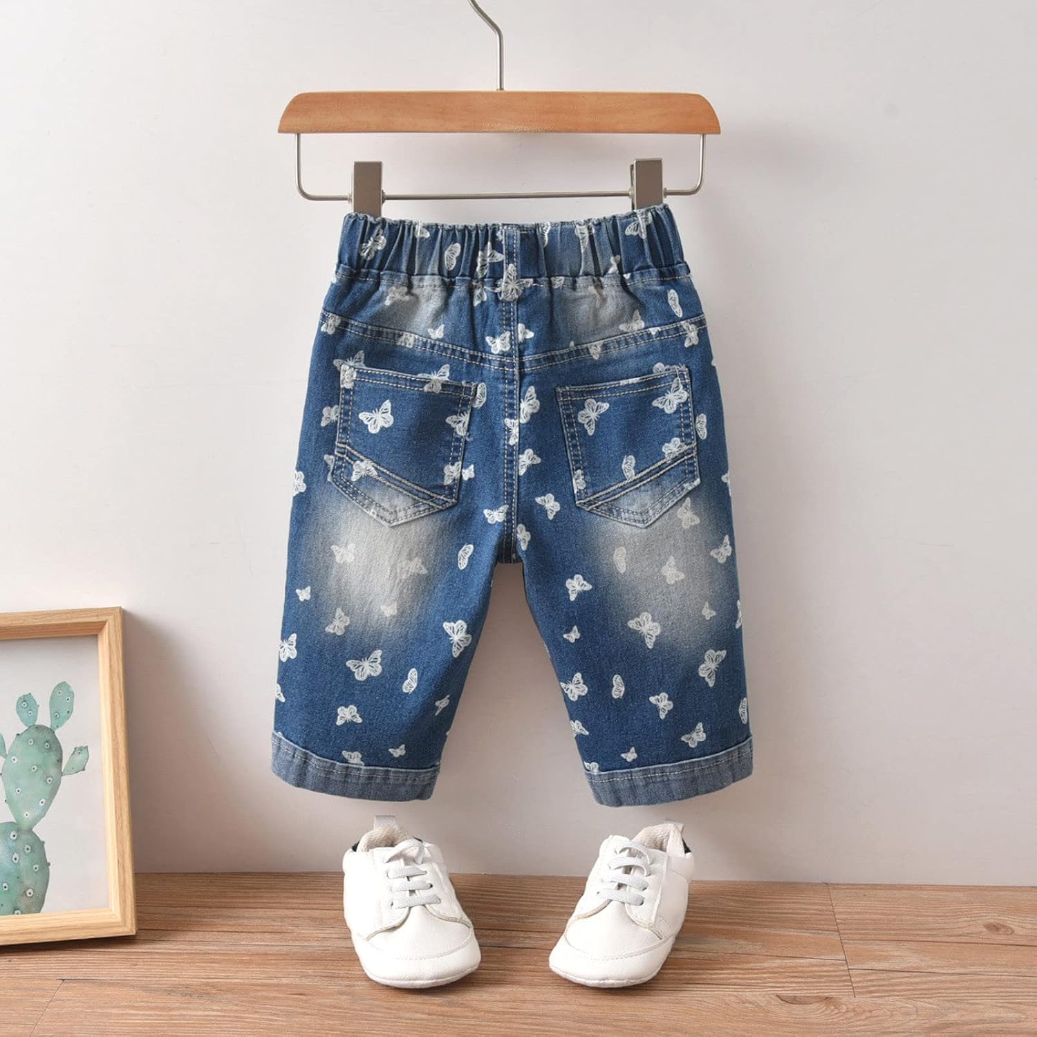 Toddler Girls Baggy Jeans Capri Pants Cute Butterfly Wide Leg Jeans Elastic Waist Straight Leg Denim Pants Cropped Pants
