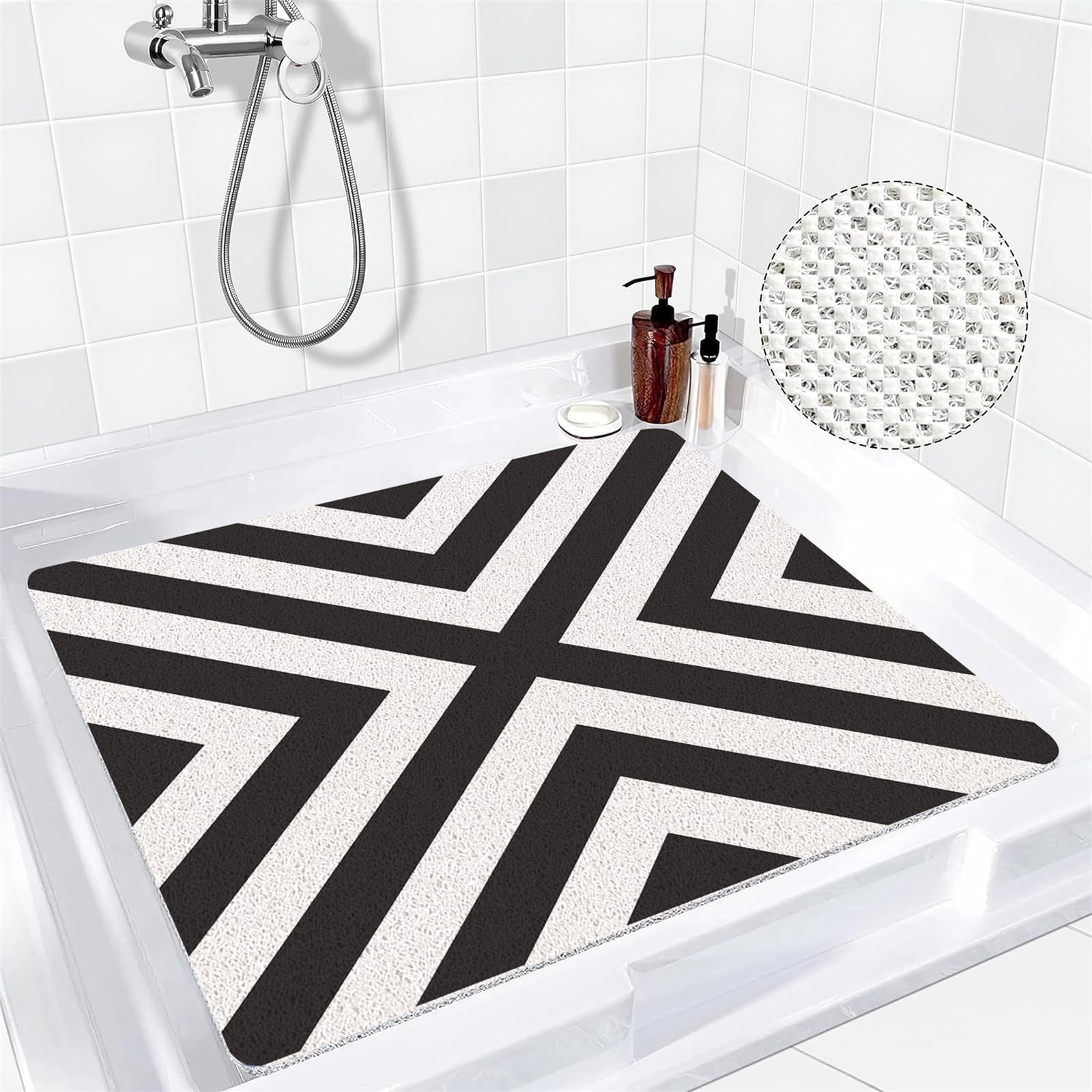Mateju Alfombra Baño Ducha Cuadrada Antideslizante, Alfombra Baño Interior de Lufa Secado Rapido - Suave y Cómoda para Dentro Duchasalir de la Ducha (Negro Blanco 6,60 * 60cm)