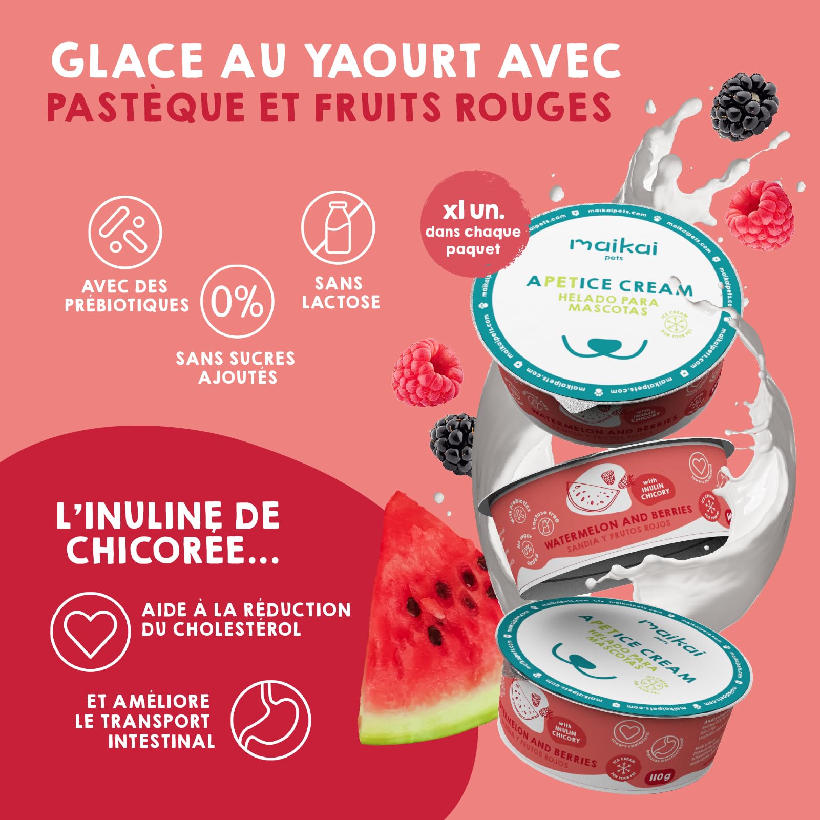 MAIKAI Lot 4 Glaces Rafraîchissantes pour Chiens et Chats – Collagène & Inuline – Friandise sans Lactose Hydratante – Idéale pour Tapis de Léchage – Soutien Articulaire et Digestif