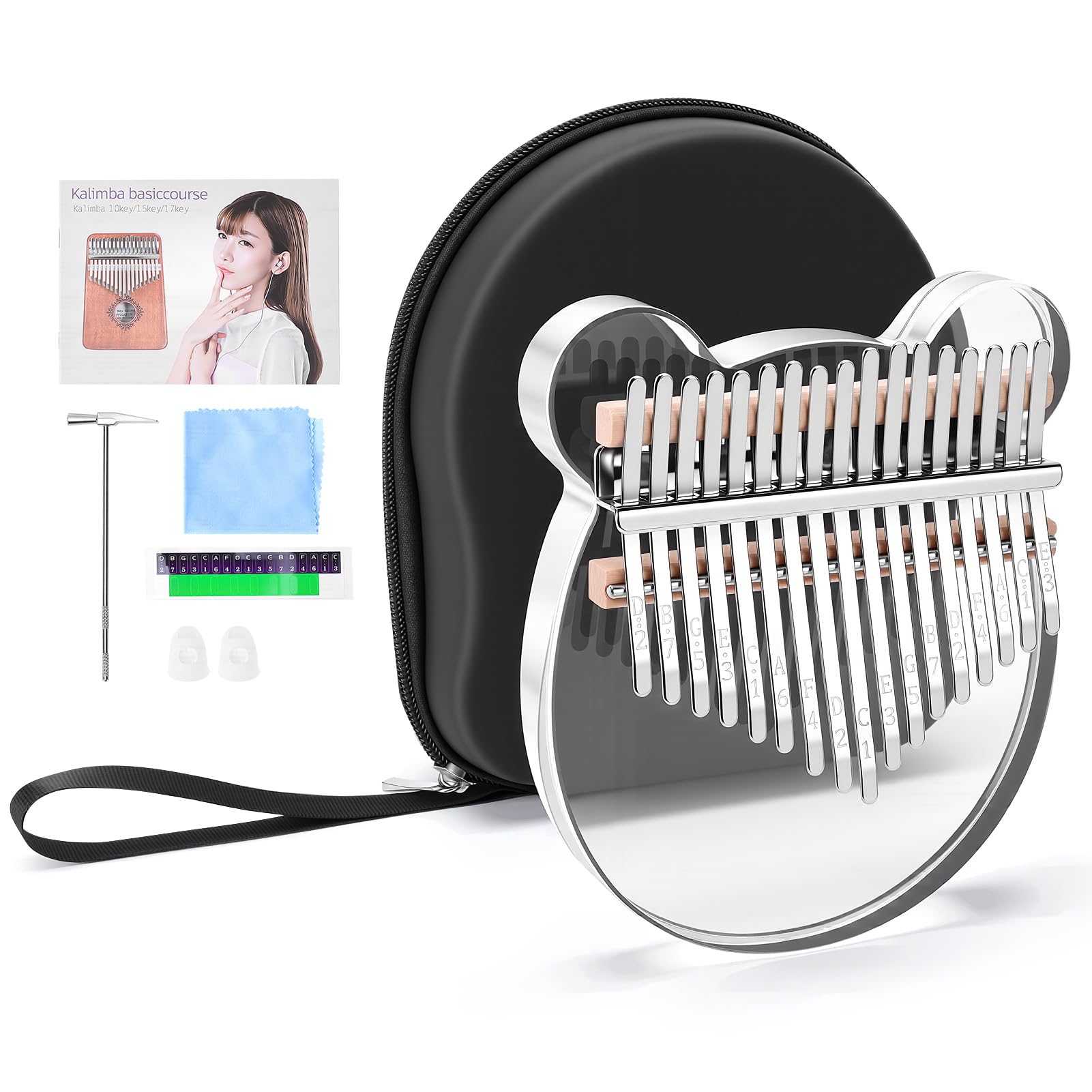 Kalimba Piano à pouce en acrylique 17 touches Transparent Instrument de musique Cadeau d'anniversaire pour adultes débutants Professionnel avec sac de rangement EVA, doigtiers, chiffon de nettoyage