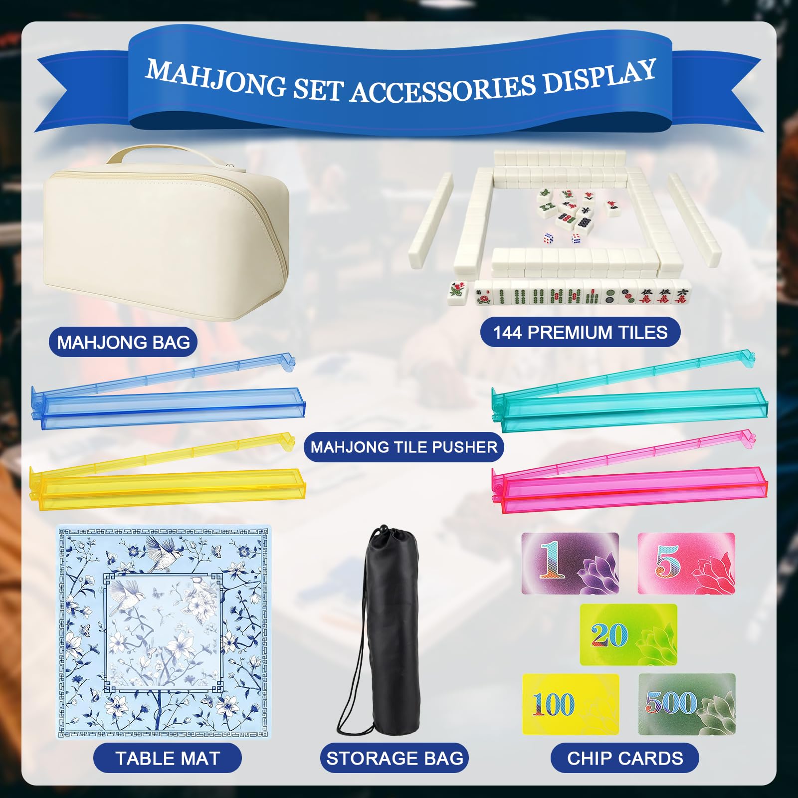 Mini set Mahjong, con 144 piastrelle Mahjong, borsa portaoggetti, supporto Mahjong, carte punteggiate, tappetino da tavolo da gioco, set da tavolo cinese portatile, gioco per la famiglia per uccidere