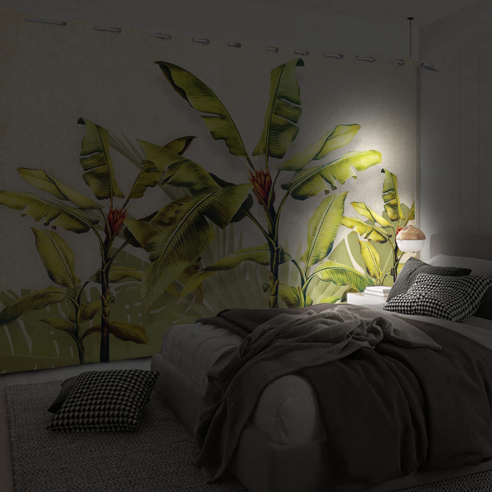 107x160cm Exótico Banana Árbol Cortina de Ventana Tropical Verde Palmera Árbol Sale de Verano Lámina Cortina Opaca Antiguo Cortinas Opacas para Dormitorio Aislamiento Térmico, 2 Paneles