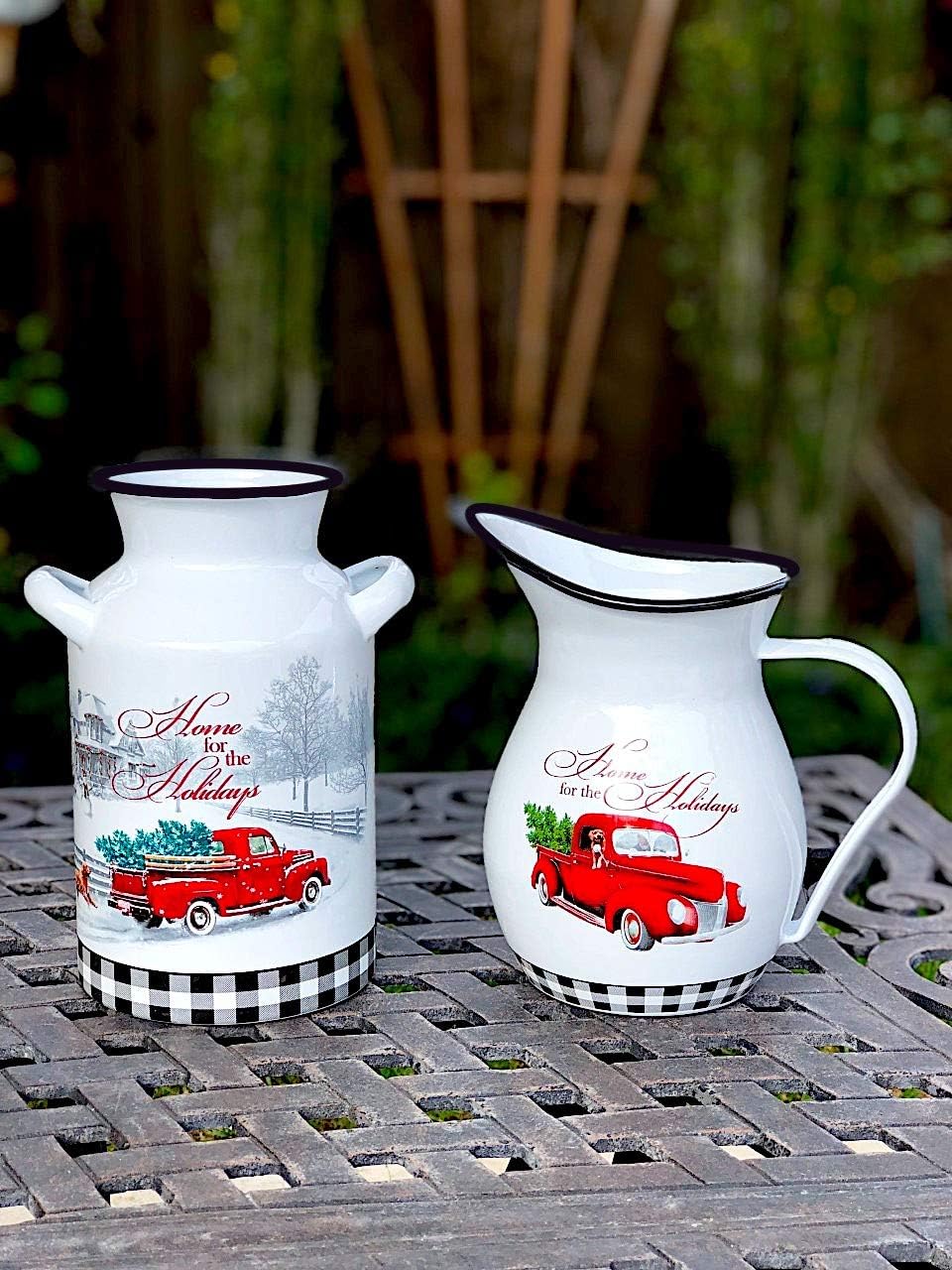 Gerson Christmas Holiday Kitchen Decor Organizer Antique Truck White Enamel/Home for the Holidays / (Milk Can)