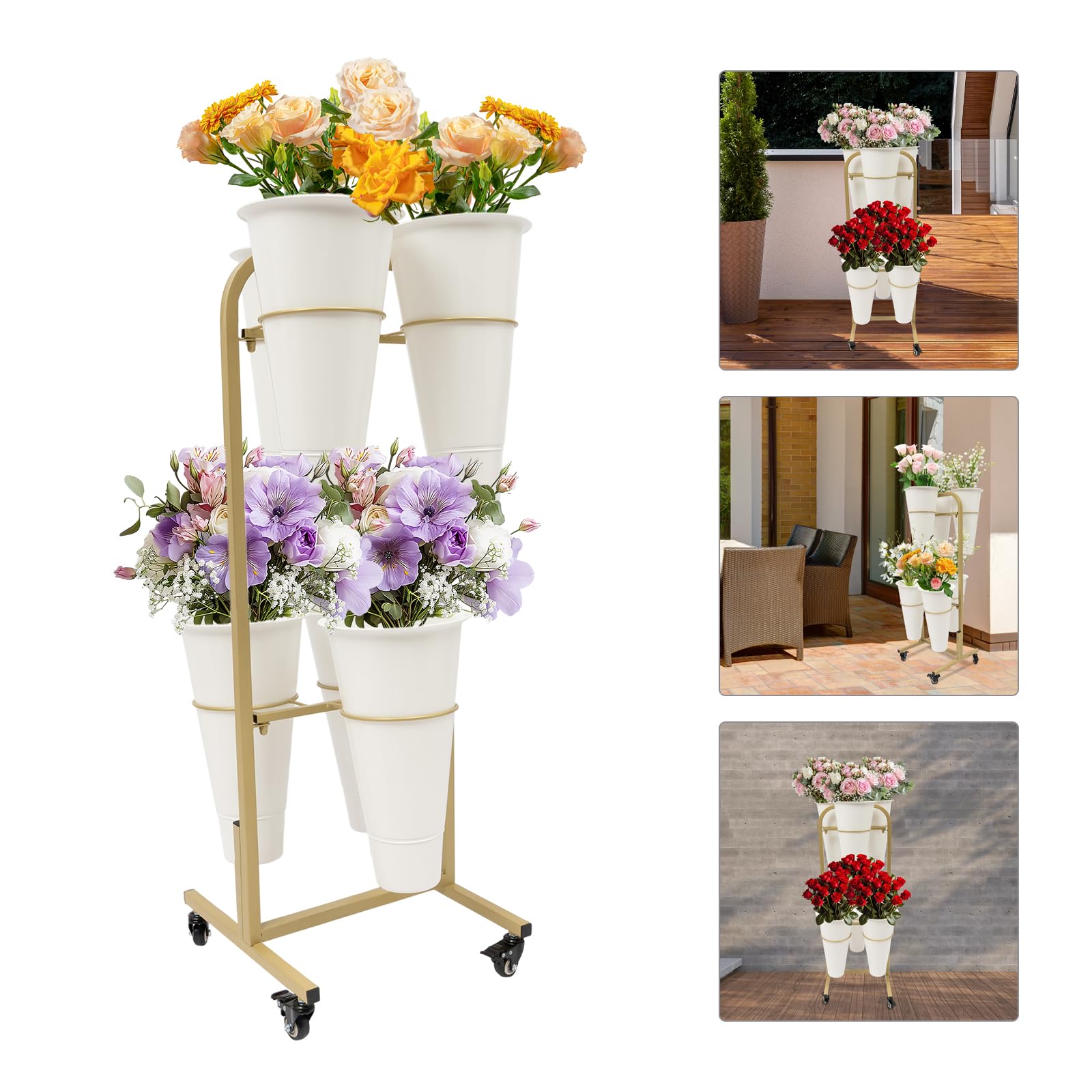 Flower Stands 3-Tier Metal Flower Display Stand With Buckets & Wheels ...