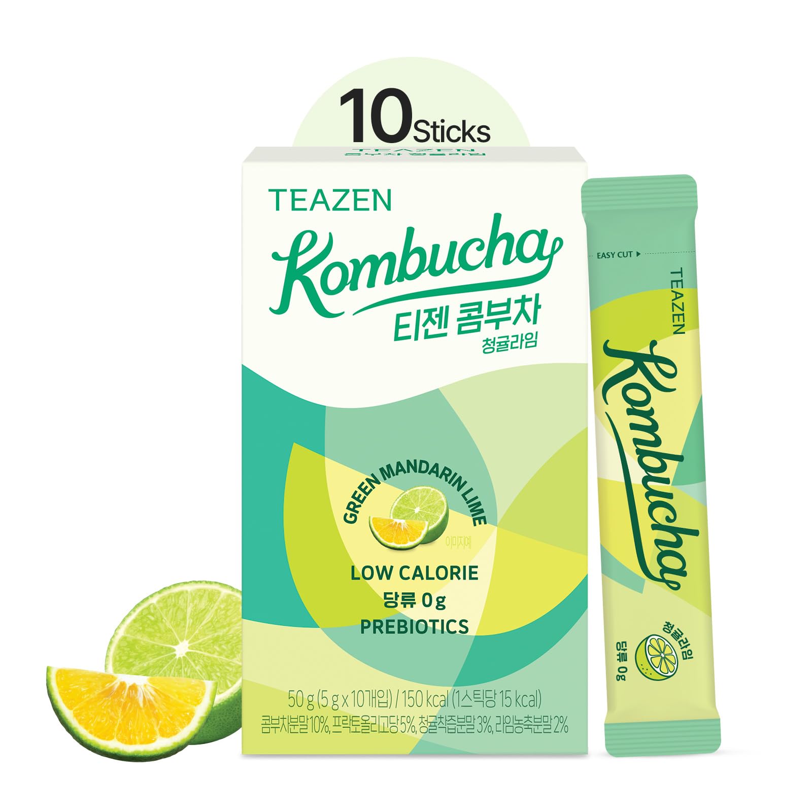 TEAZEN Green Mandarin Lime Kombucha Powder, Hydration Drink Mix, Sugar Free, Live Probiotics & Prebiotics, On-the-Go 10 Packets, 1.76oz