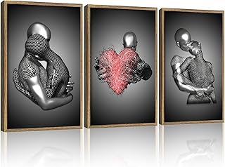 3Pcs Wood Framed 3D Couple Wall Art Poster Modern Decoration Prints Love Images Reusable Gallery Artwork Black and White Metal Style Romantic Hanging Painting Suitable 12x16 inch
