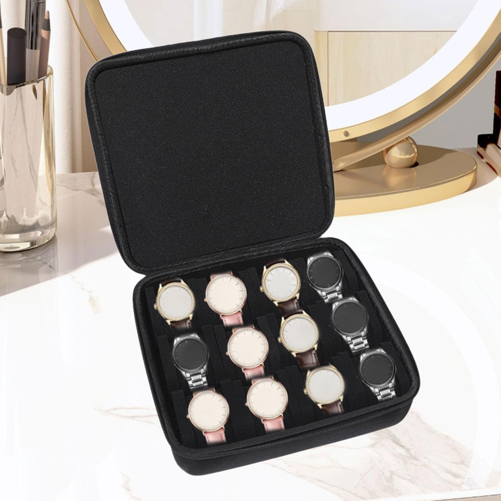 Colaxi Men Watch Storage Case Bag 12 Slots Portable 27x26cm Multipurpose for Personal Use Lightweight with Carry Handle Foam Insert