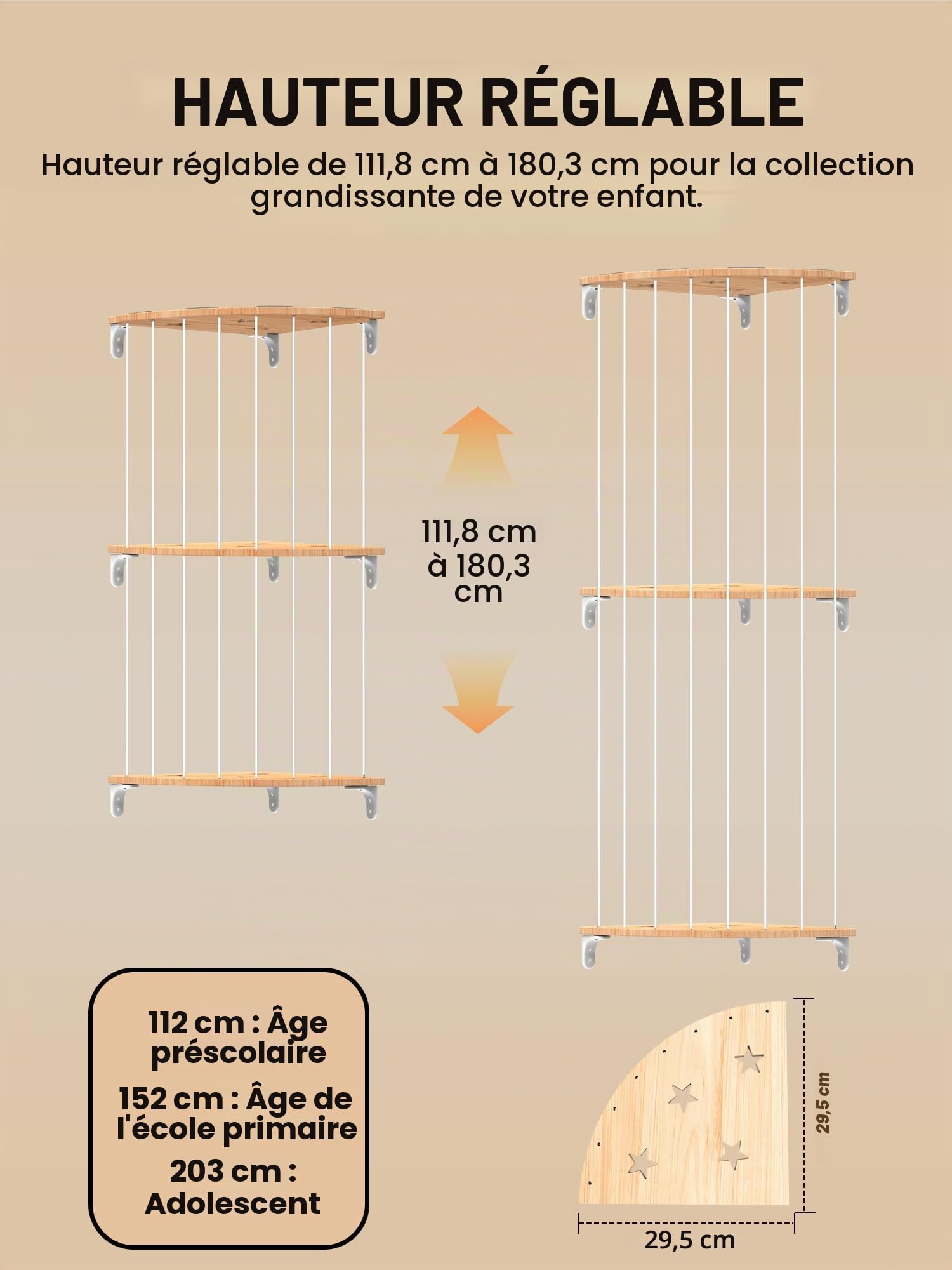 SUNMON Rangement Peluches Enfant, Rangement Peluche Mural, Hauteur Réglable de 110 à 180 cm, Conception à 2 Couche avec Sangles Elastiques, Étagère Murale pour Ranger Peluches