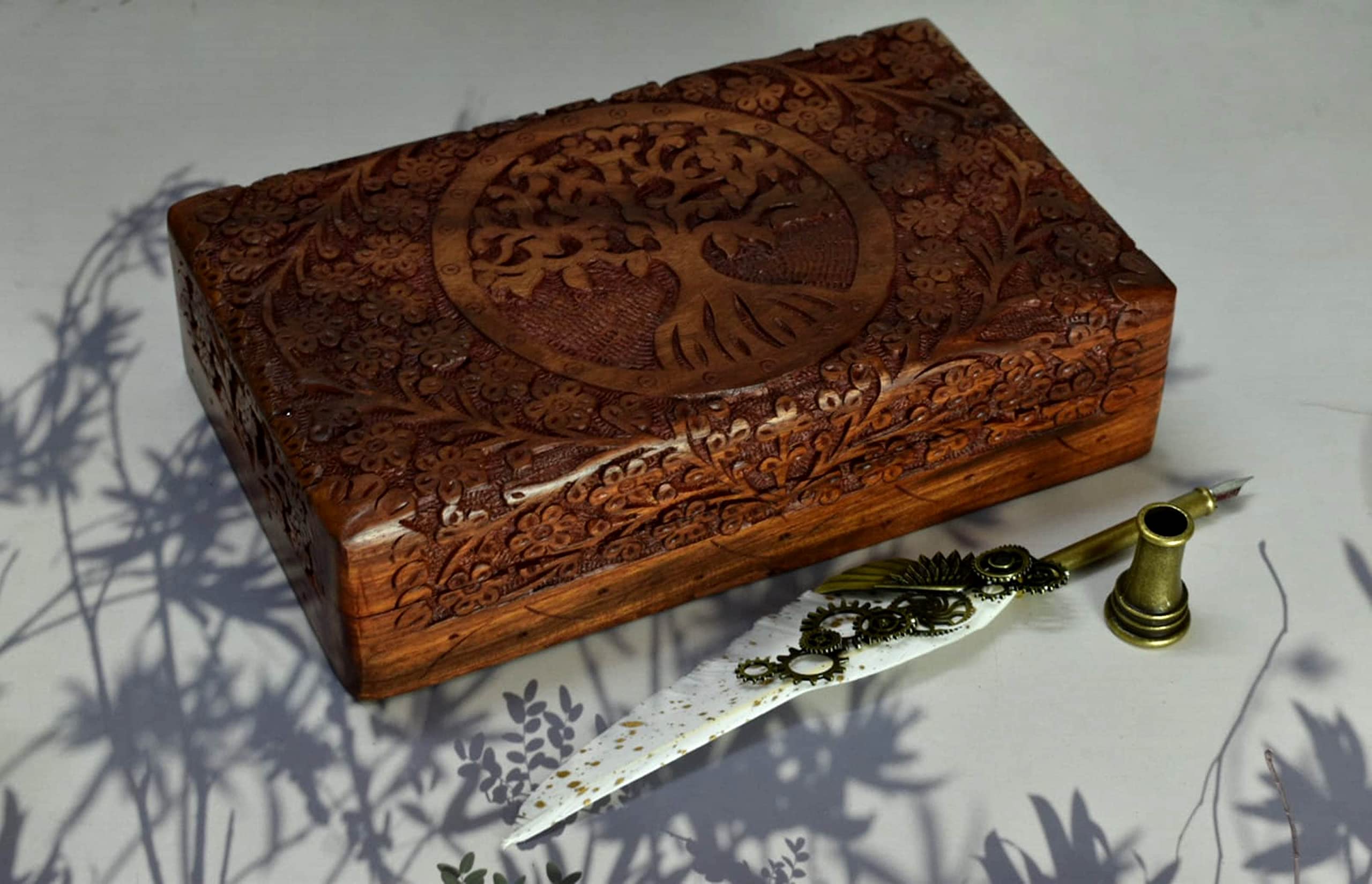 India House-Hand Engraved TREE OF LIFE Wooden Box Keepsake Jewelry Organizer &Storage (Design 13), Tree of Life- 10x6 Inch