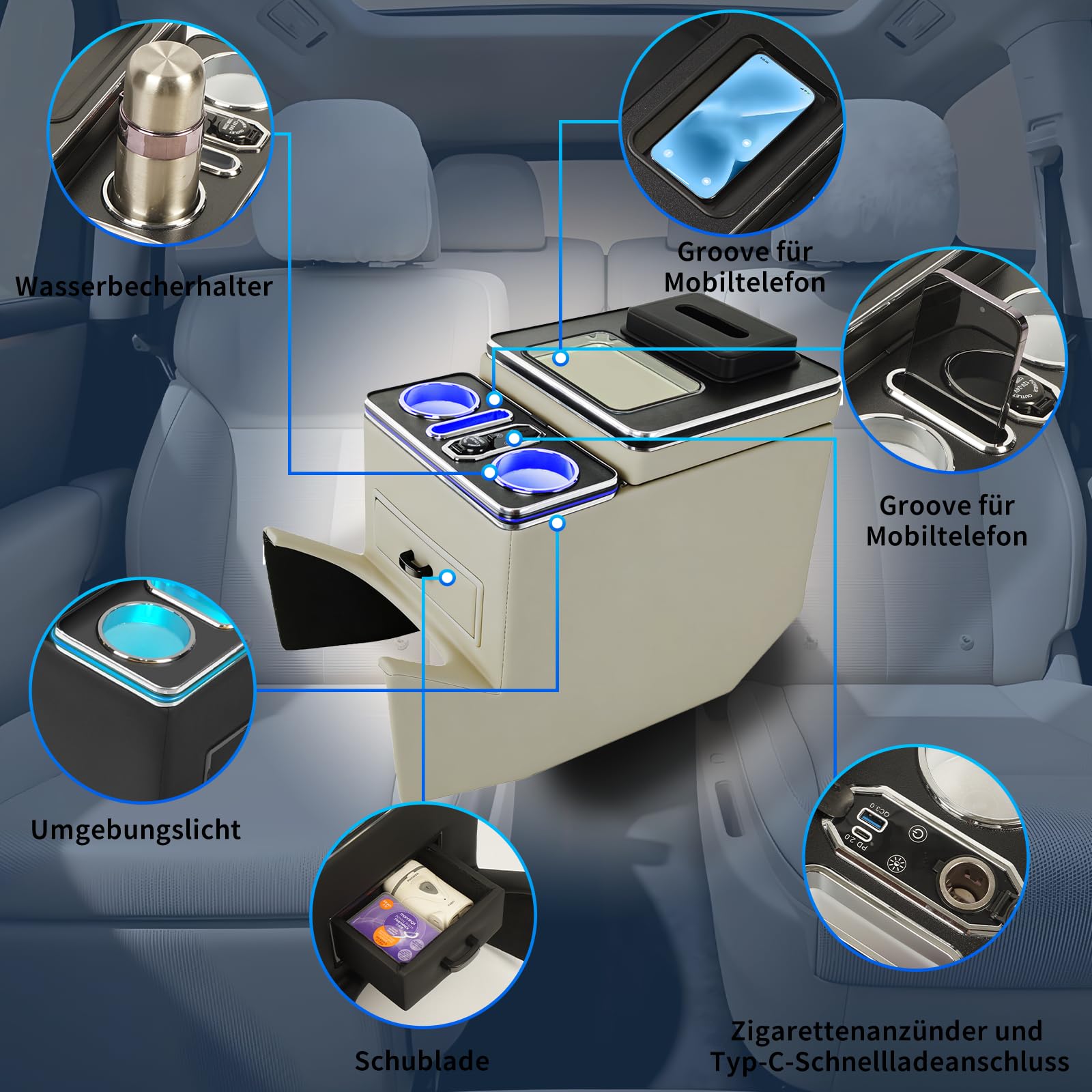 Scatola portaoggetti per braccioli, con luce ambientale a 7 colori e 4 livelli di luminosità, adatta e cassetto del conducente esclusivo per Mercedes-Benz Classe V V220 V260 V250 W447