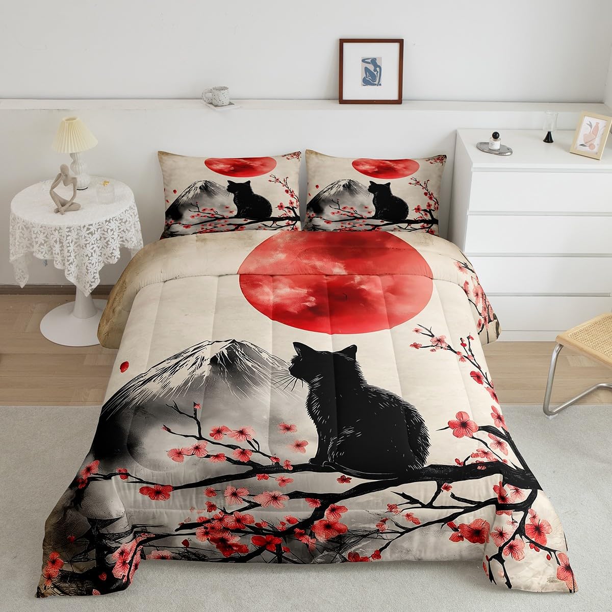 Parure de lit enfant paysage japonais avec housse de couette chat noir et soleil rouge