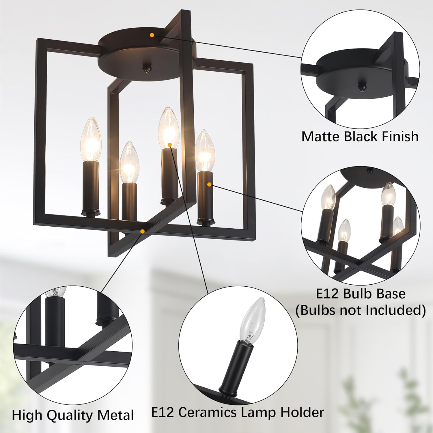 Semi Flush Mount Ceiling Light Fixture, 4-Light Black Ceiling Light Fixture, Modern Farmhouse Industrial Close to Ceiling Lights for Kitchen Living Room Bedroom Hallway Foyer