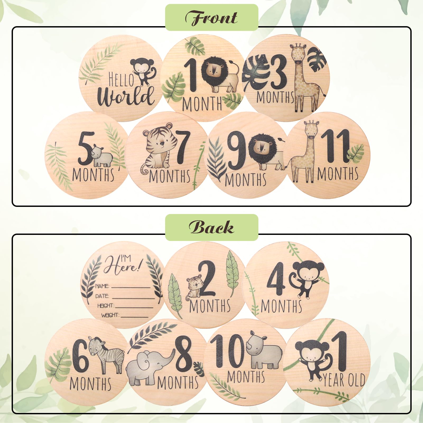 7pcs Baby Monthly Milestone Cards Wooden Baby Double-Sided Announcement Plaque Signs 1-12 Months New Baby Girl Boy Name and Birth Plaques for Baby Shower Growth Record Photo Prop - Image 2