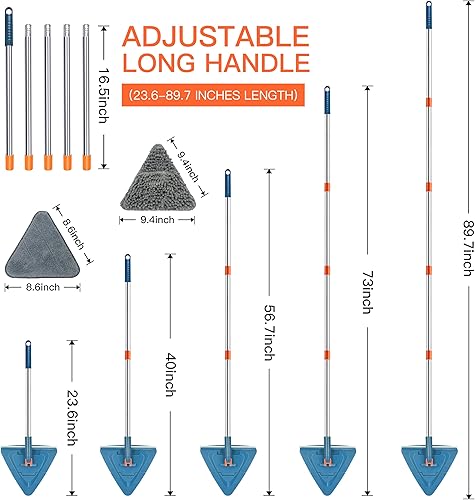 Miniatura 6 de Limpiador de pared para trapeador de pared con mango largo de 85 pulgadas, trapeador triangular de microfibra giratoria de 360, kit de limpieza de