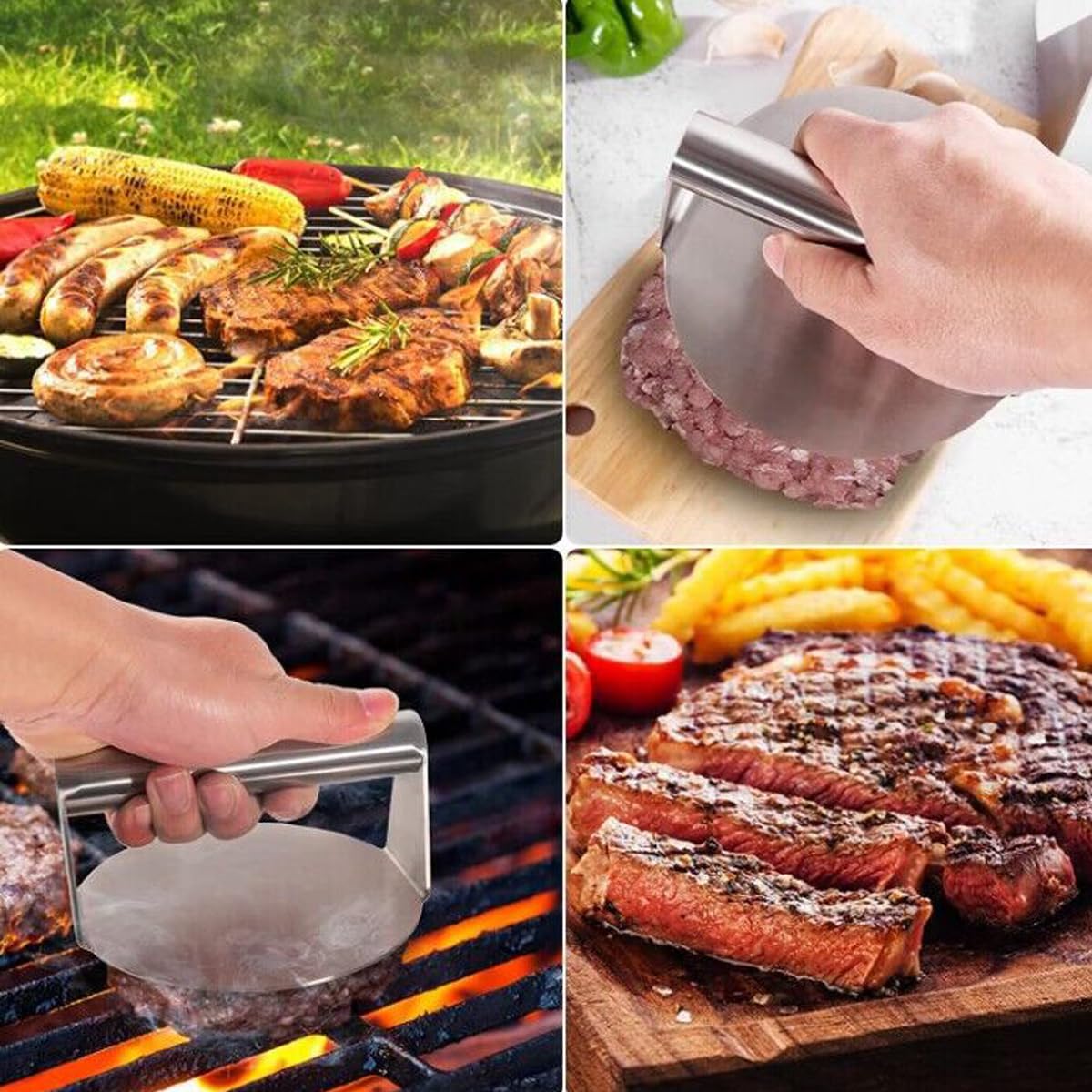 Presse à Hamburger En Acier Inoxydable 304 - Diamètre 14 Cm, Professionnelle, Pour Burgers Maison Bien Pressés Et Moins Gras - Facile à Nettoyer, Va Au Lave-vaisselle