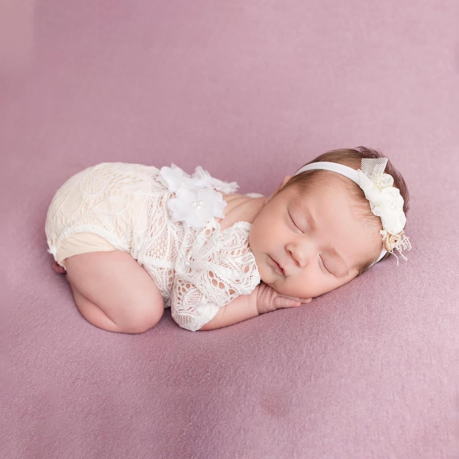 Newborn Lace Romper, 2 PCS Baby Girl Photography Props, Newborn Girl Photography Outfits with Flower Headband for Infants - Image 4